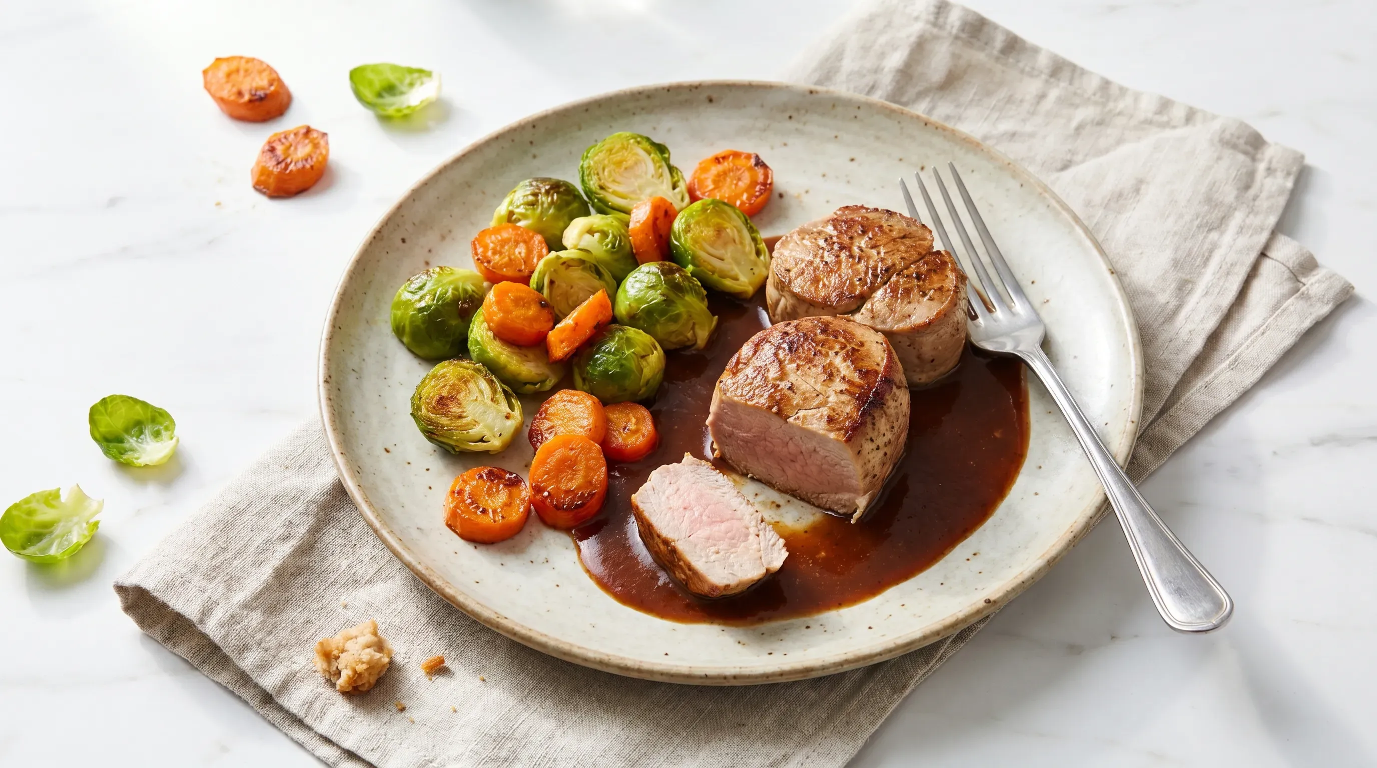 Schweinemedaillons mit Rosenkohl und Karotten