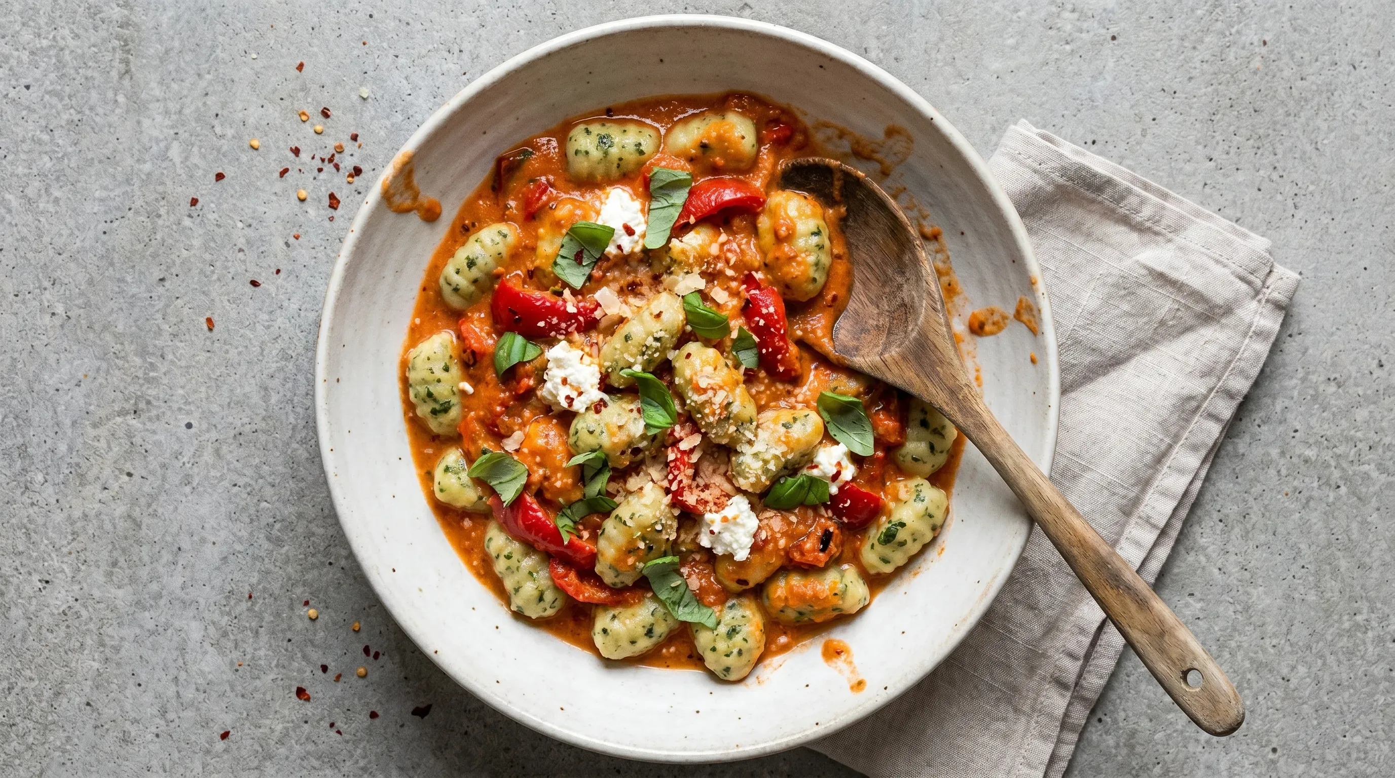 Basilikum-Gnocchi mit Paprika-Ricotta-Sauce