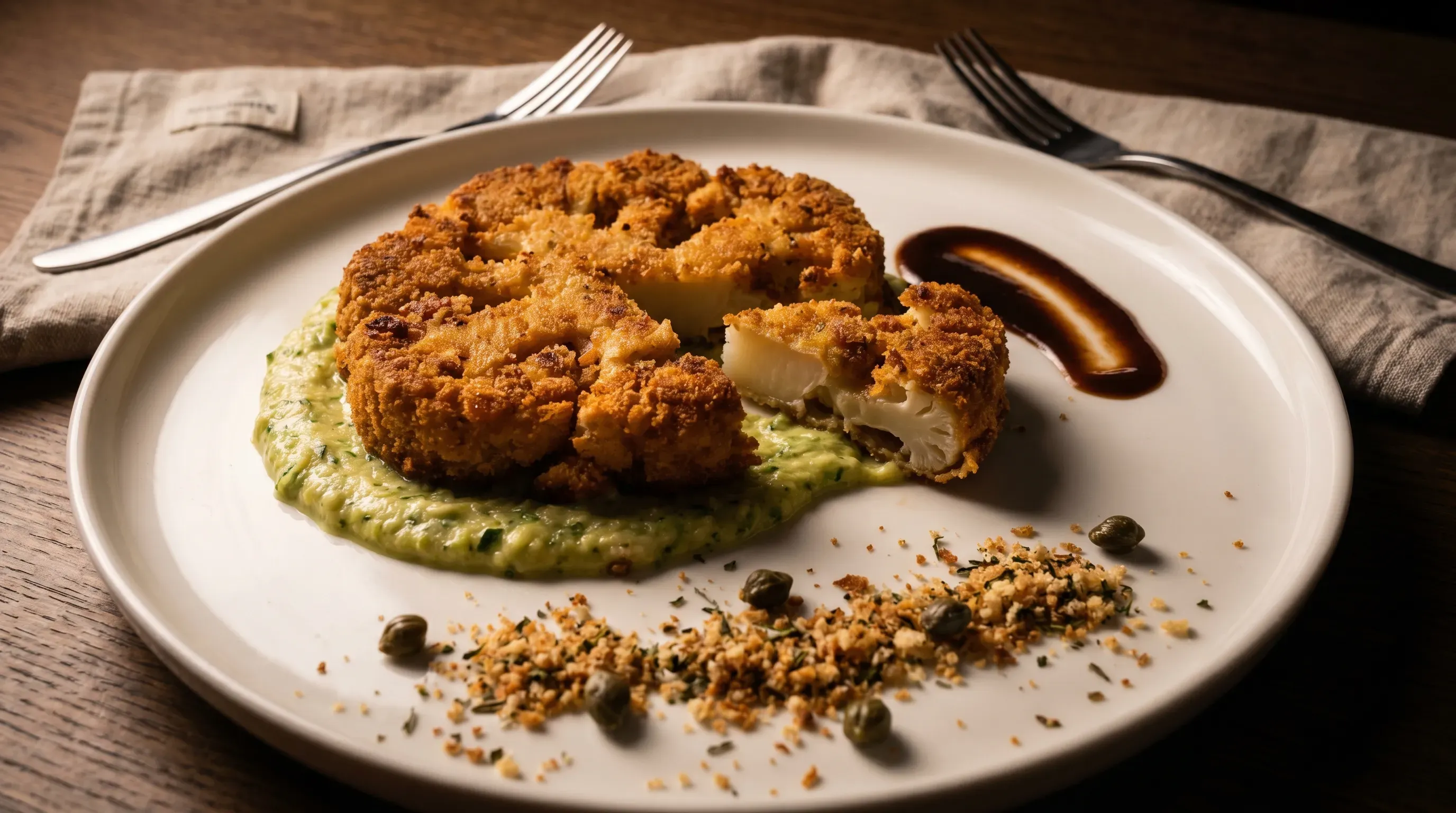 Blumenkohl-Schnitzel auf Zucchinipüree