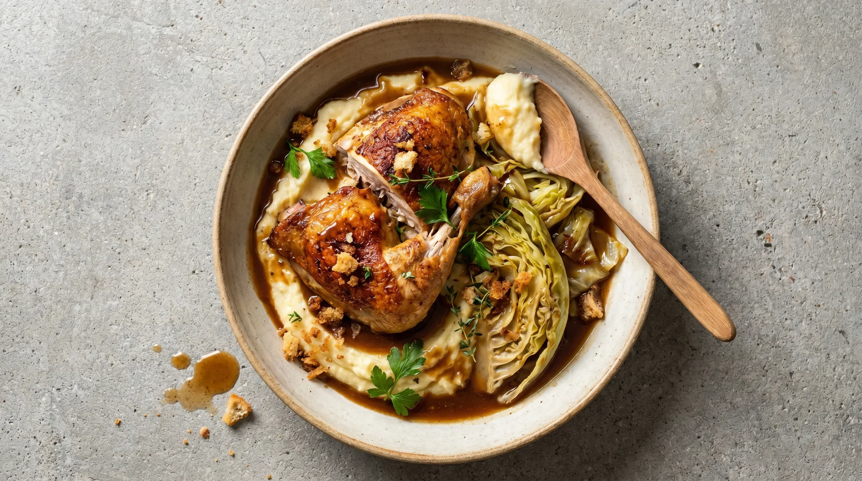 Brathähnchen mit Pastinakenstampf und Spitzkohl