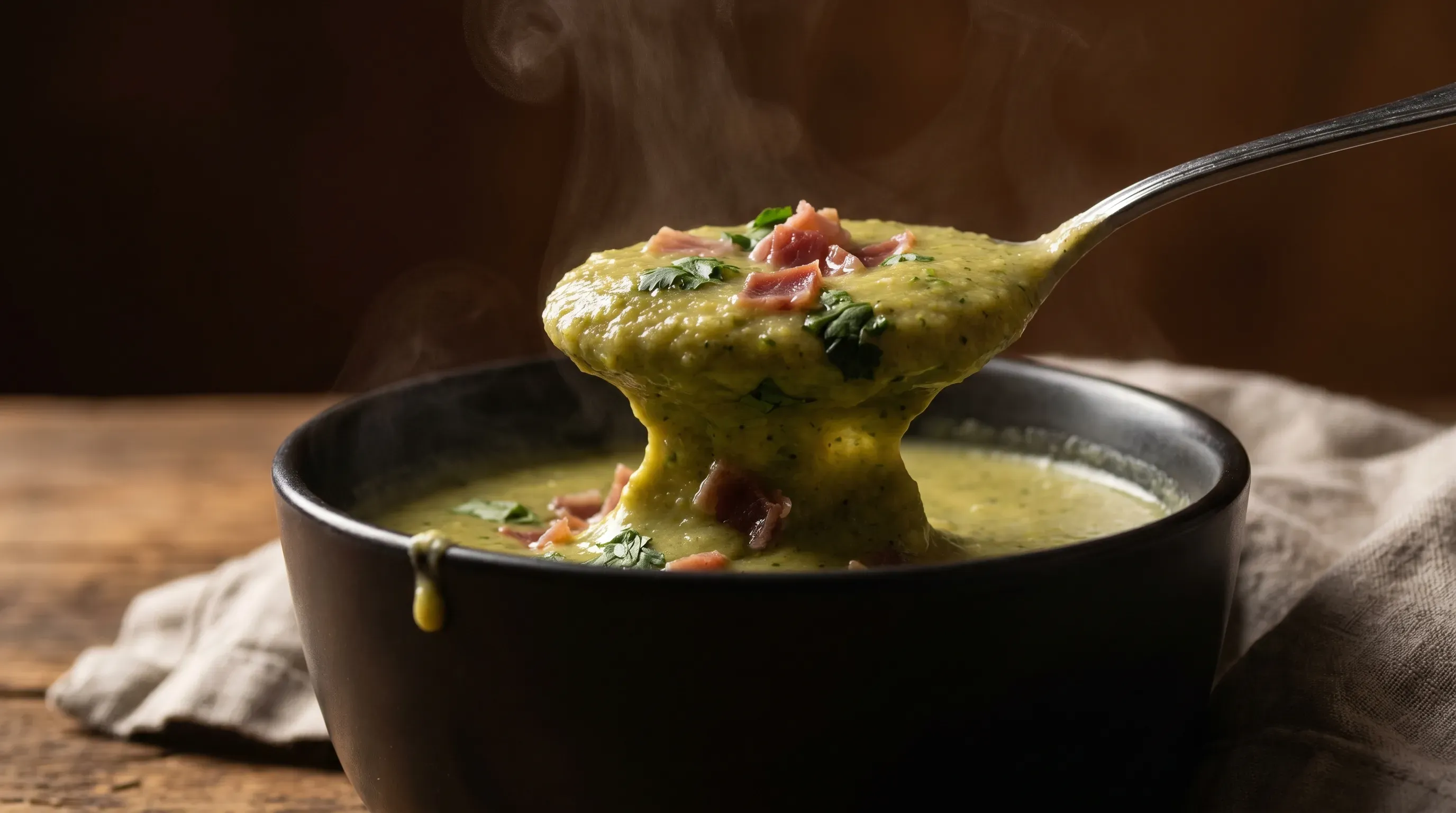 Brokkolicremesuppe mit Koriander und Schinken