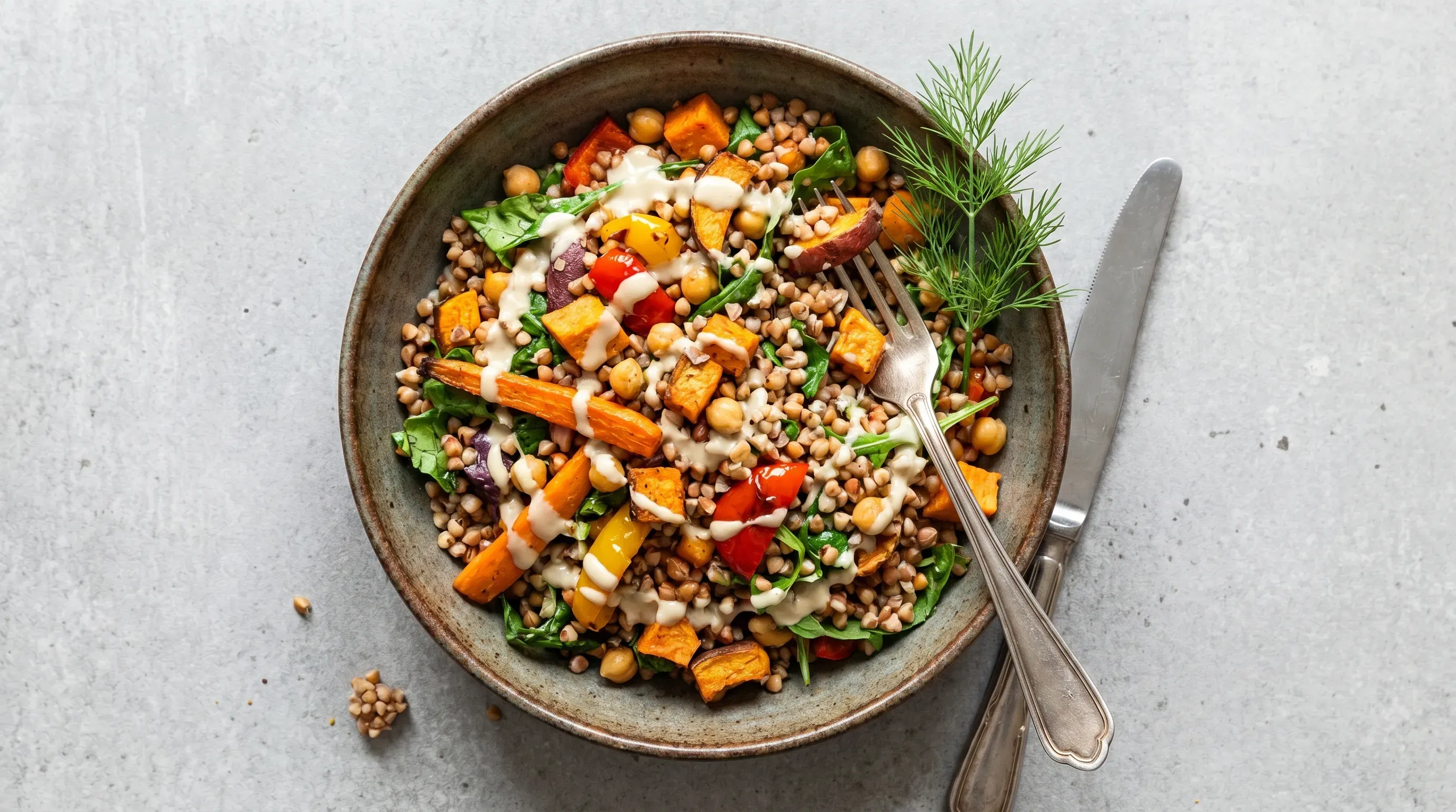 Bunter Buchweizensalat mit gebackenem Gemüse & Tahini-Dressing