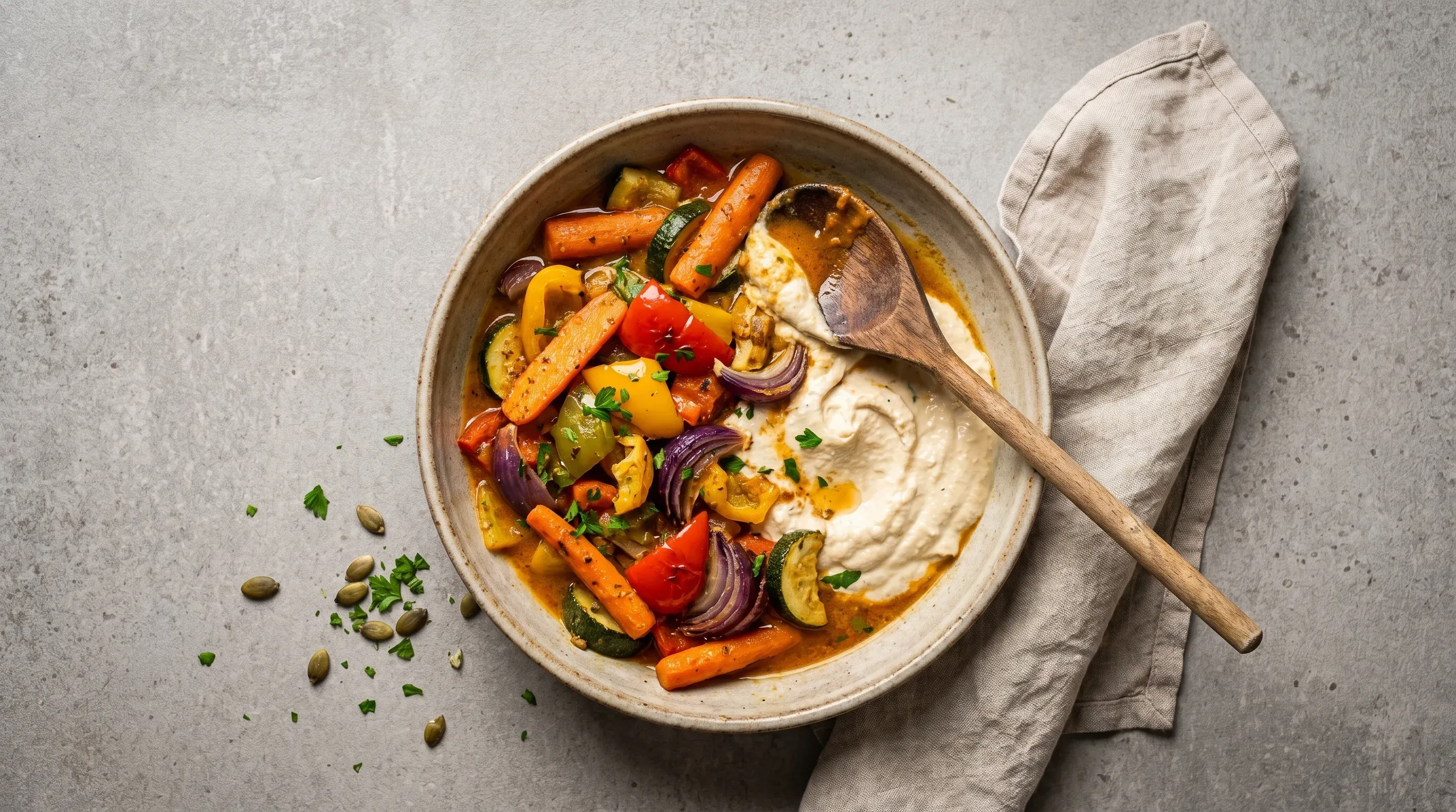 Buntes Ofengemüse mit Joghurt Hummus