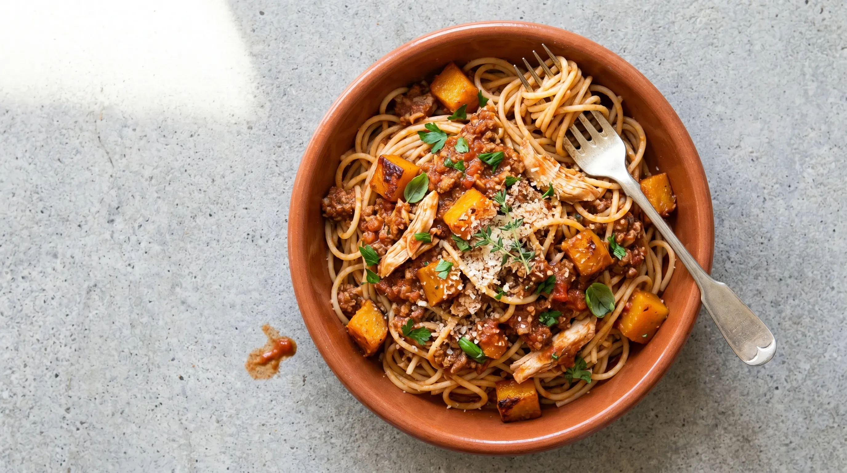 Spaghetti Bolognese mit Kürbis und Huhn