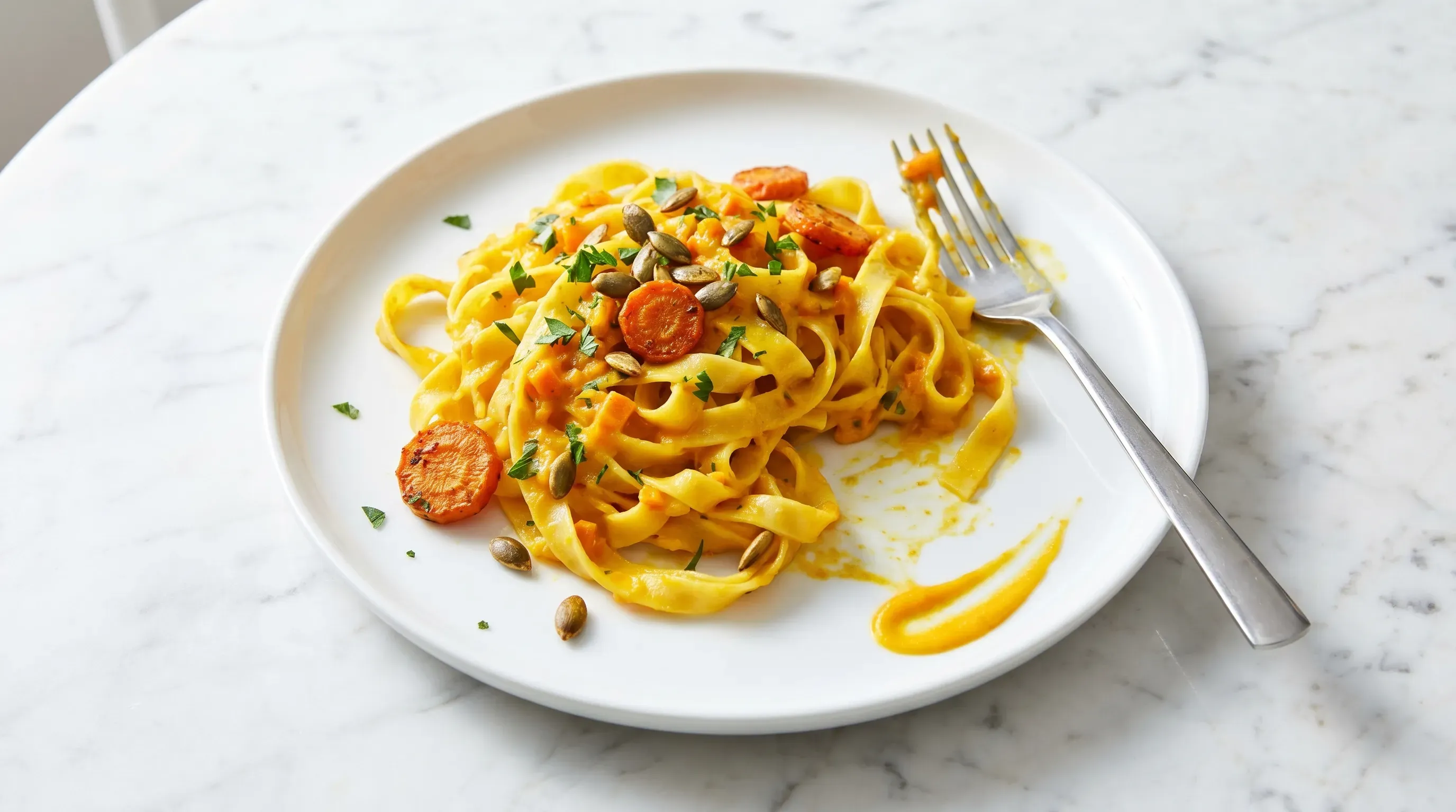 Cremige Karotten-Kurkuma-Sauce mit Pasta