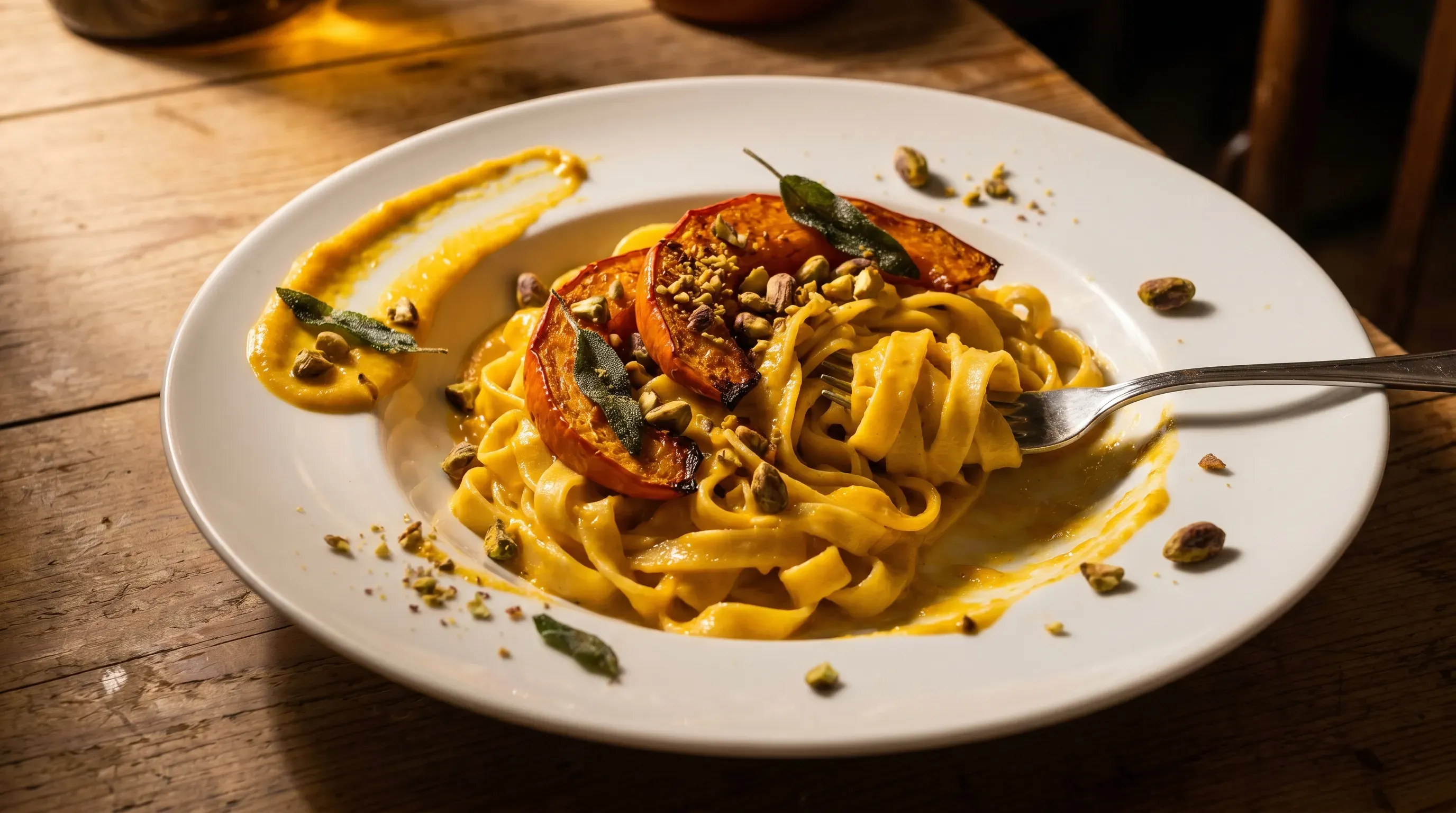 Cremige Kürbissauce mit Pasta, gebratenem Kürbis, gerösteten Pistazien und Salbei