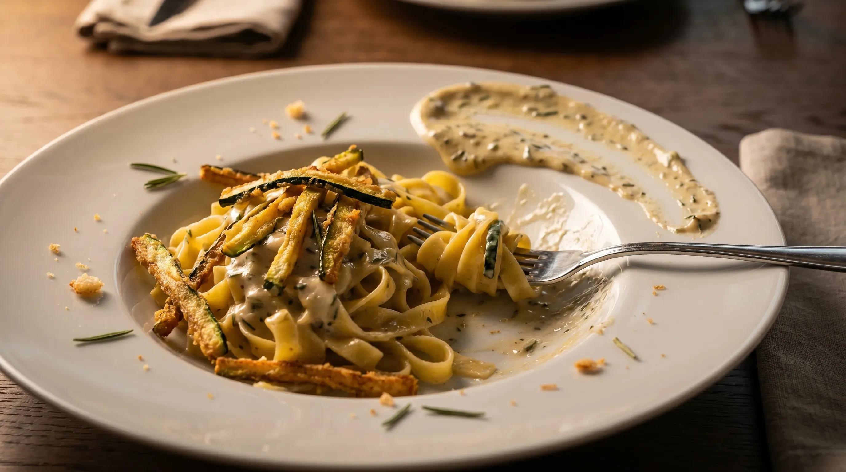 Cremige Rosmarinsauce, Pasta und gebratene Zucchinistreifen