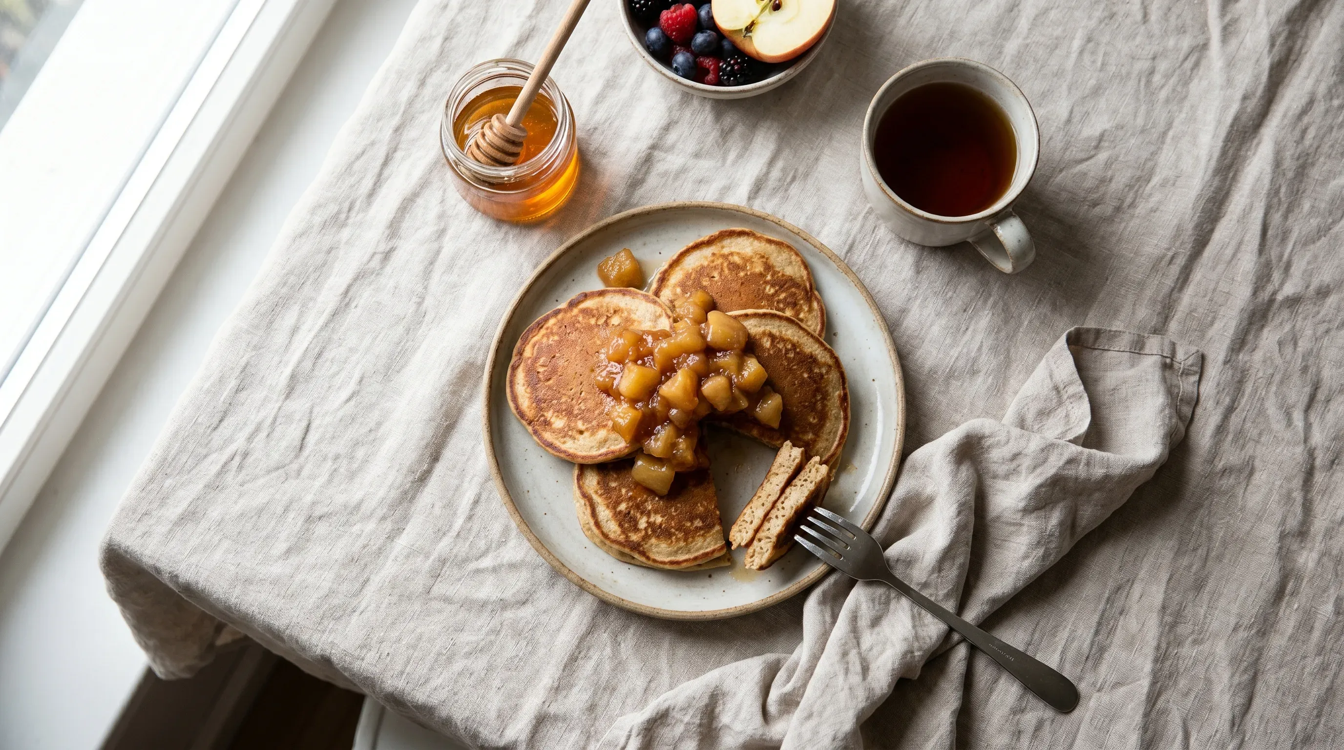 Dinkel-Pancakes mit Apfelkompott