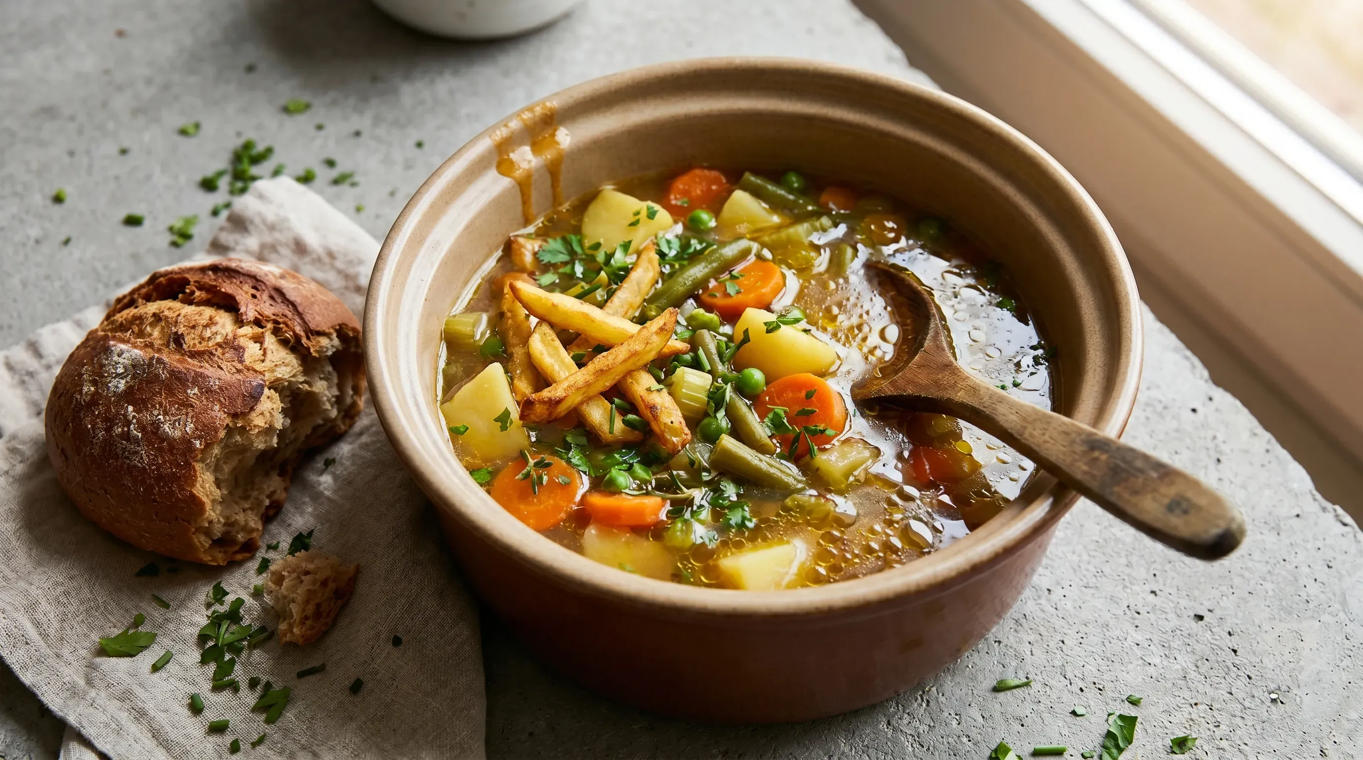 Gemüse-Variationen: Suppe, Kartoffeln und Pommes