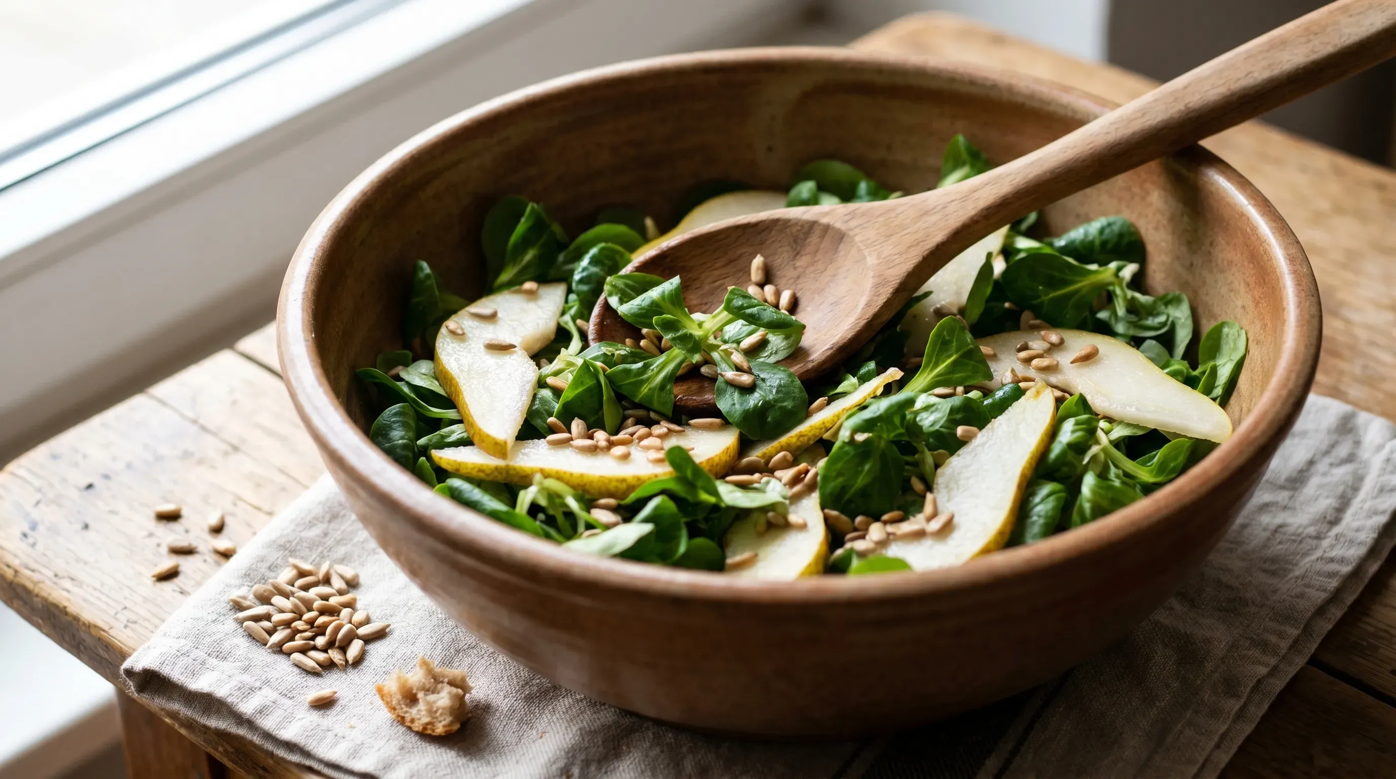 Feldsalat mit Birne und Sonnenblumenkernen