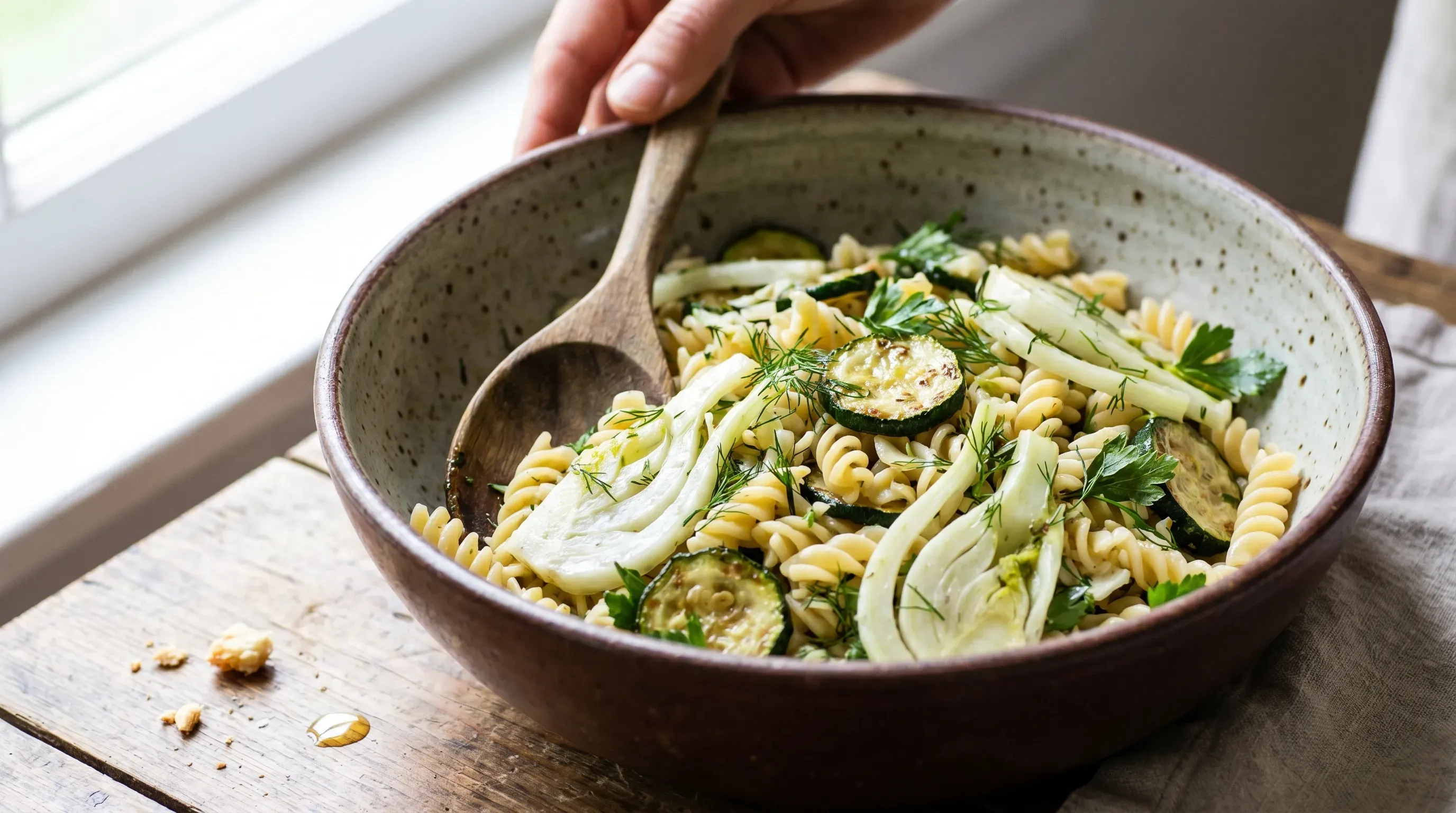 Fenchel-Zucchini-Bowl mit Reispasta und Camelinaöl