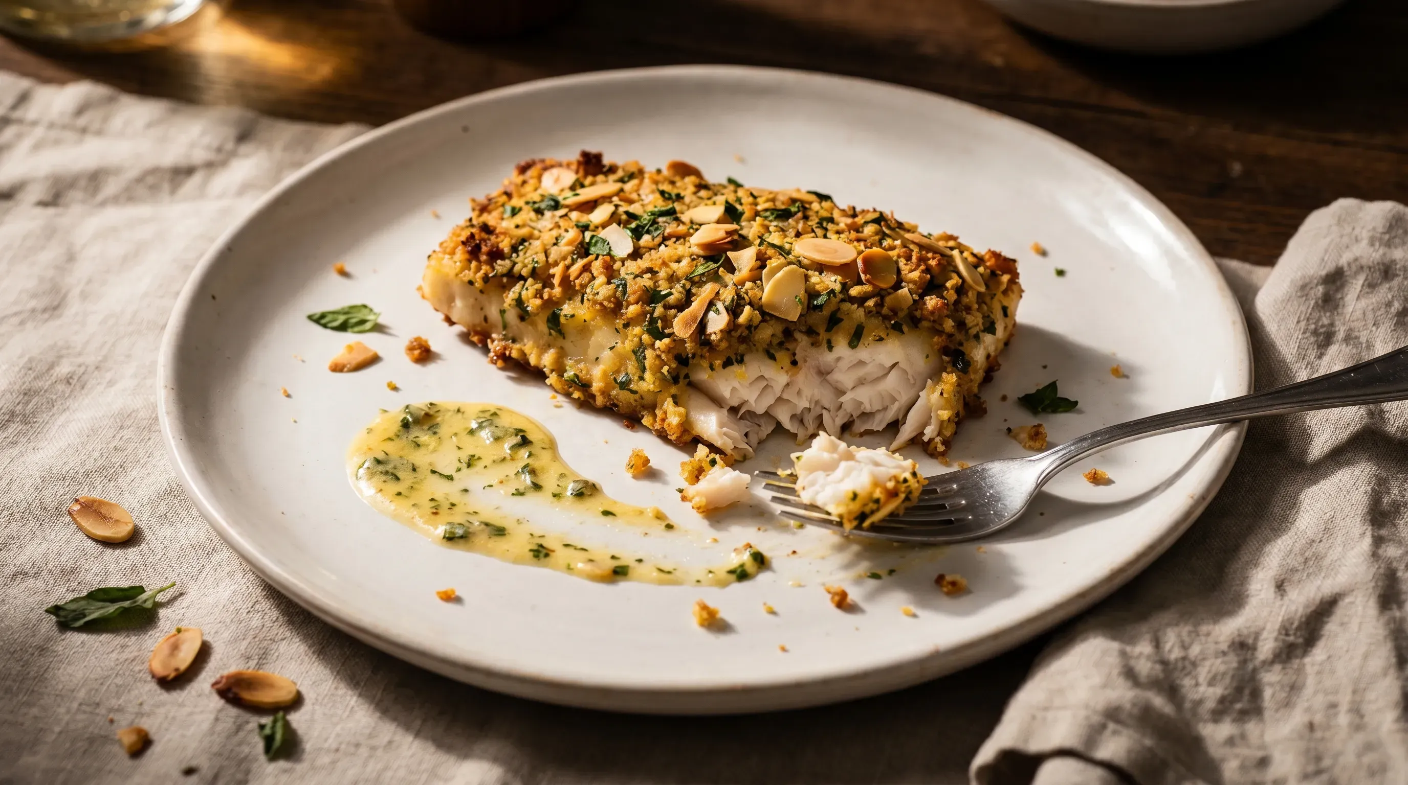 Fisch mit knuspriger Kräuter-Mandel-Kruste