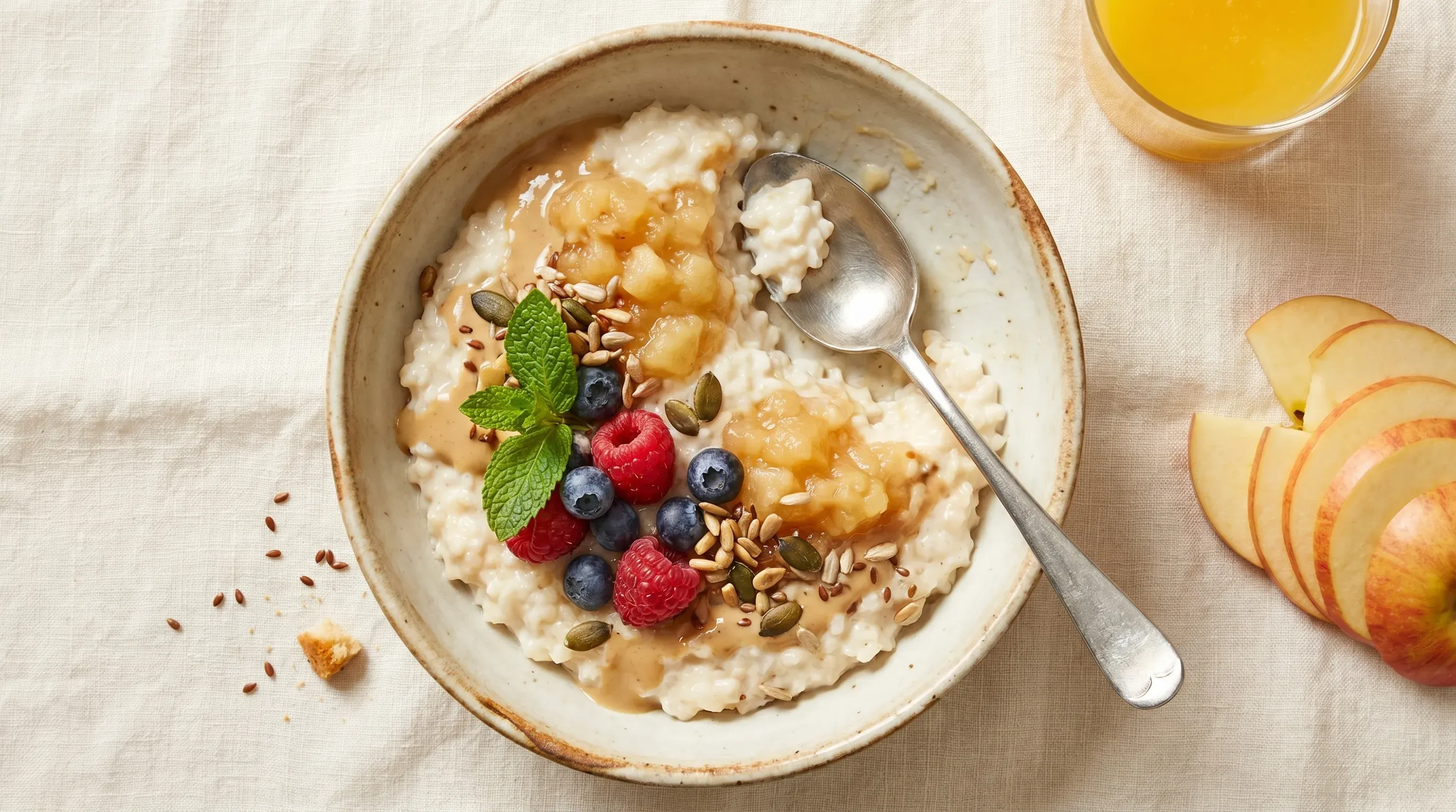 Frühstücksreis mit Apfelkompott und Tahini