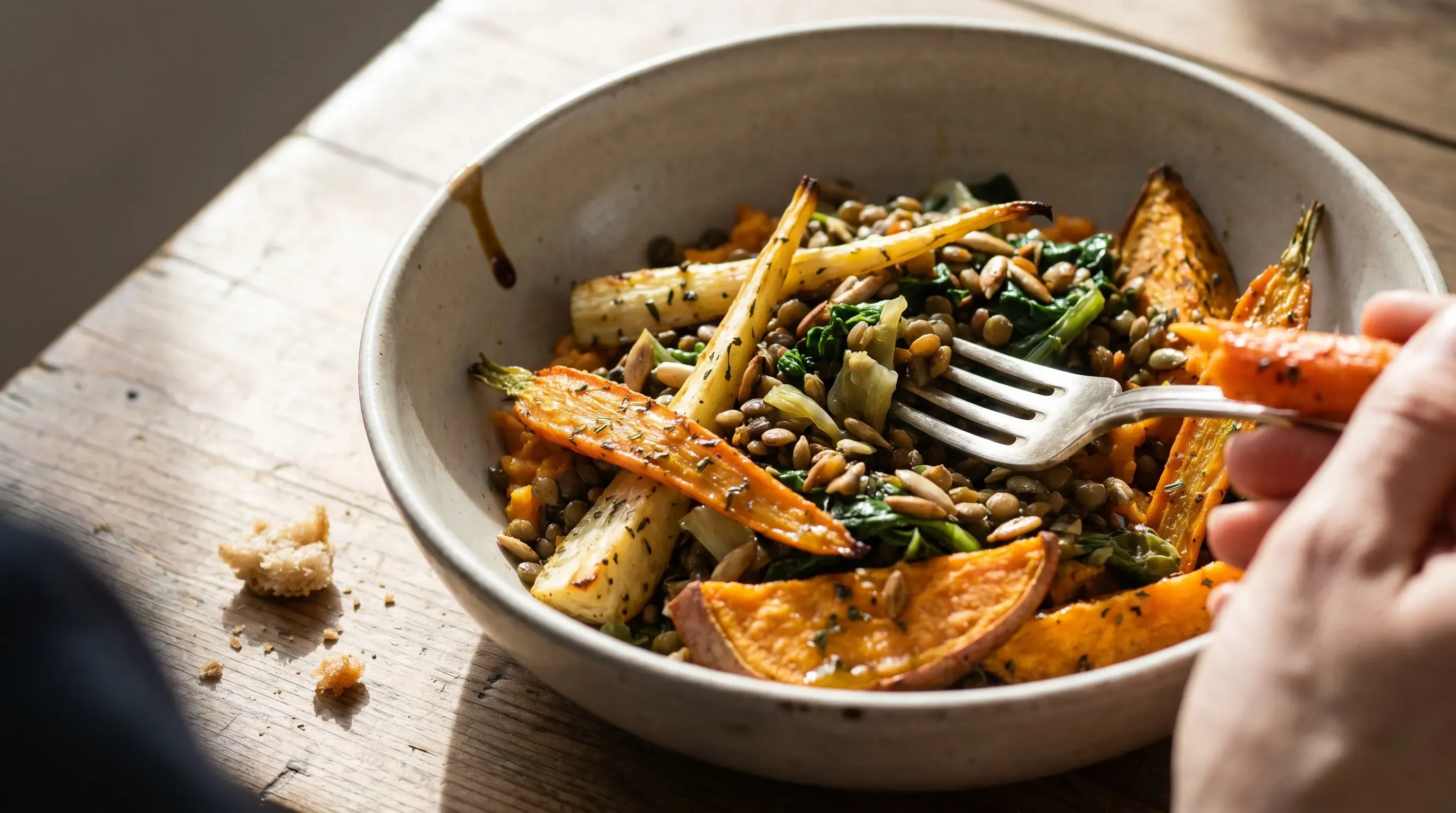 Gebratener Salat mit Süßkartoffelstampf