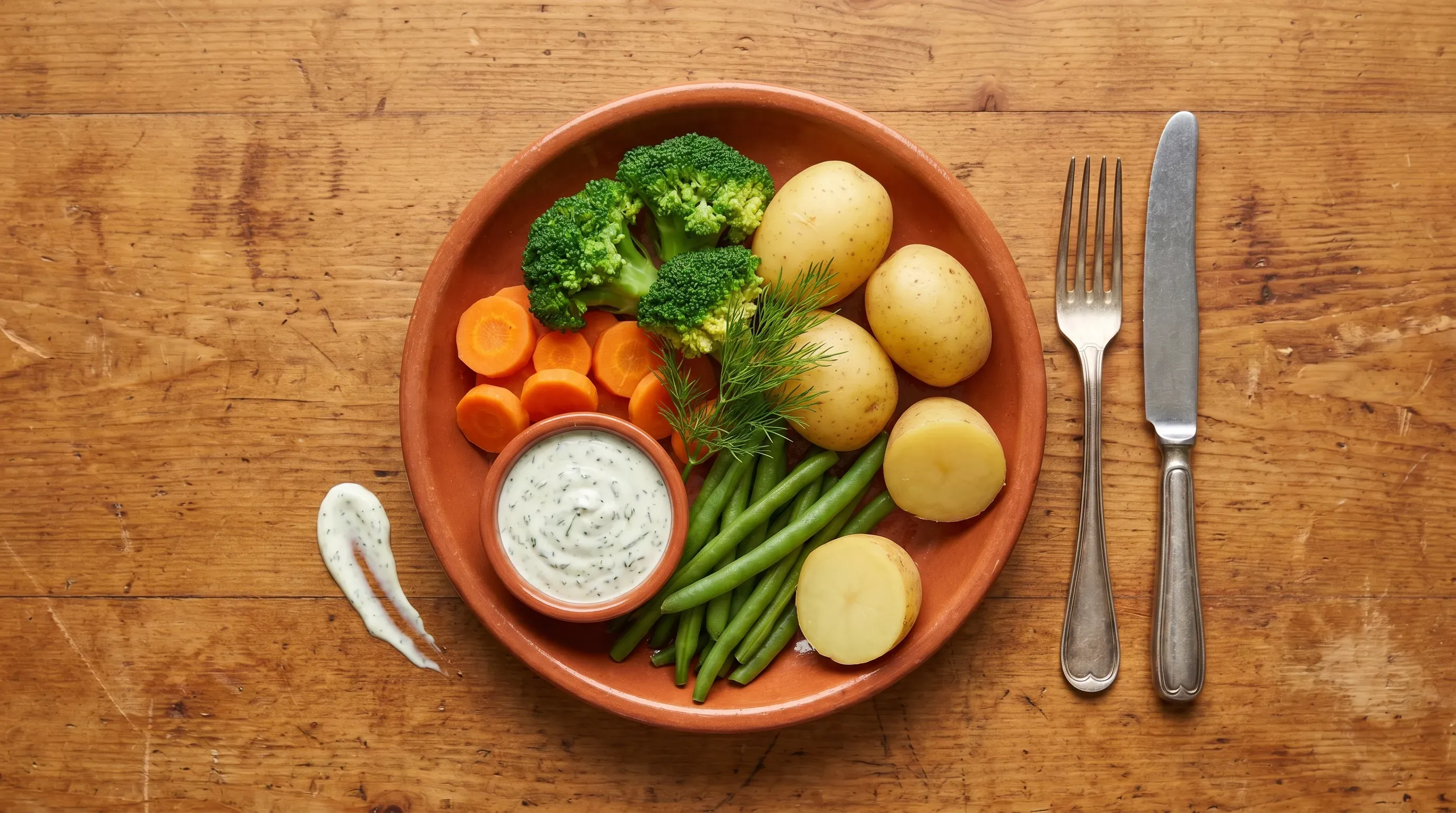 Gedämpftes Gemüse und Kartoffeln mit Dip