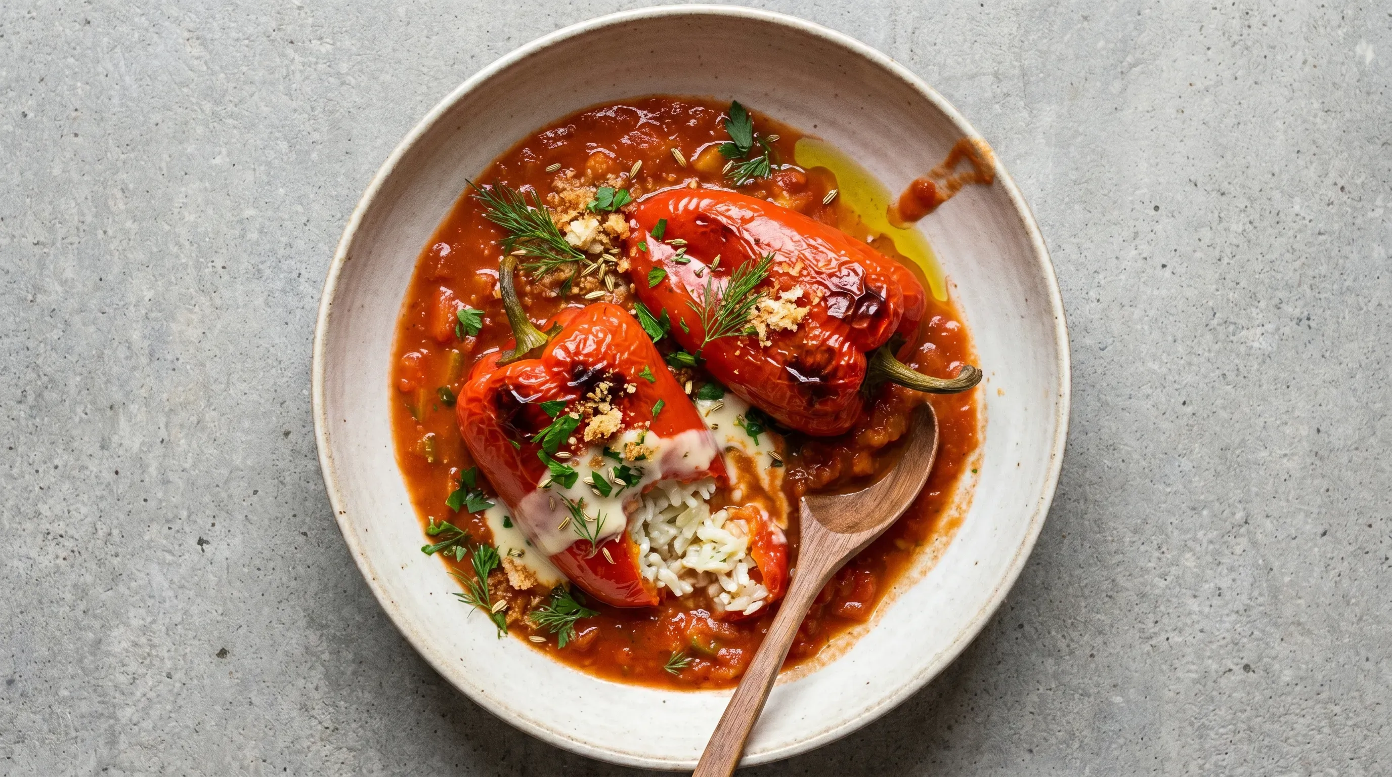 Gefüllte Paprika mit cremigem Fenchel-Reis und Bechamelsauce