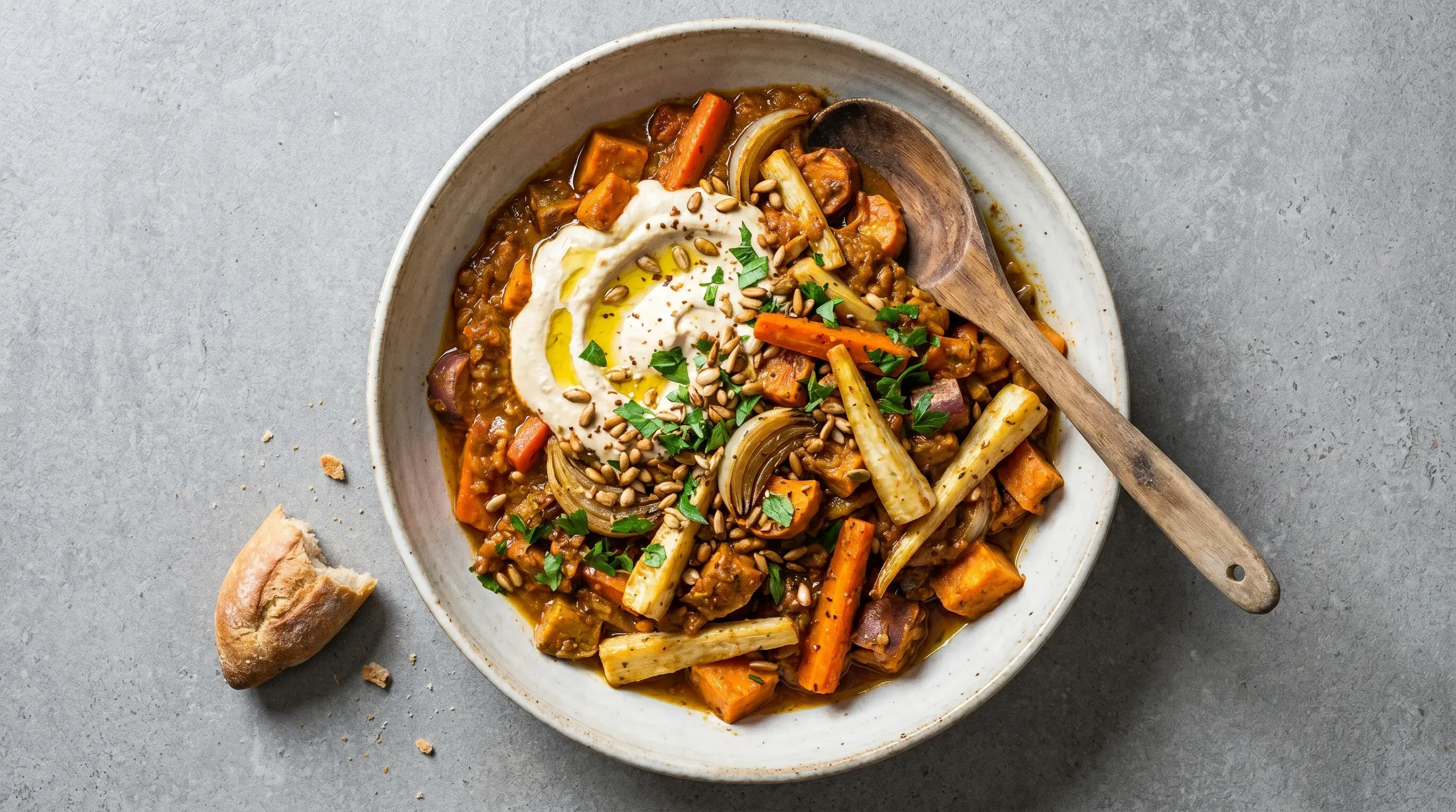 Geröstetes Gemüse mit Joghurt-Hummus