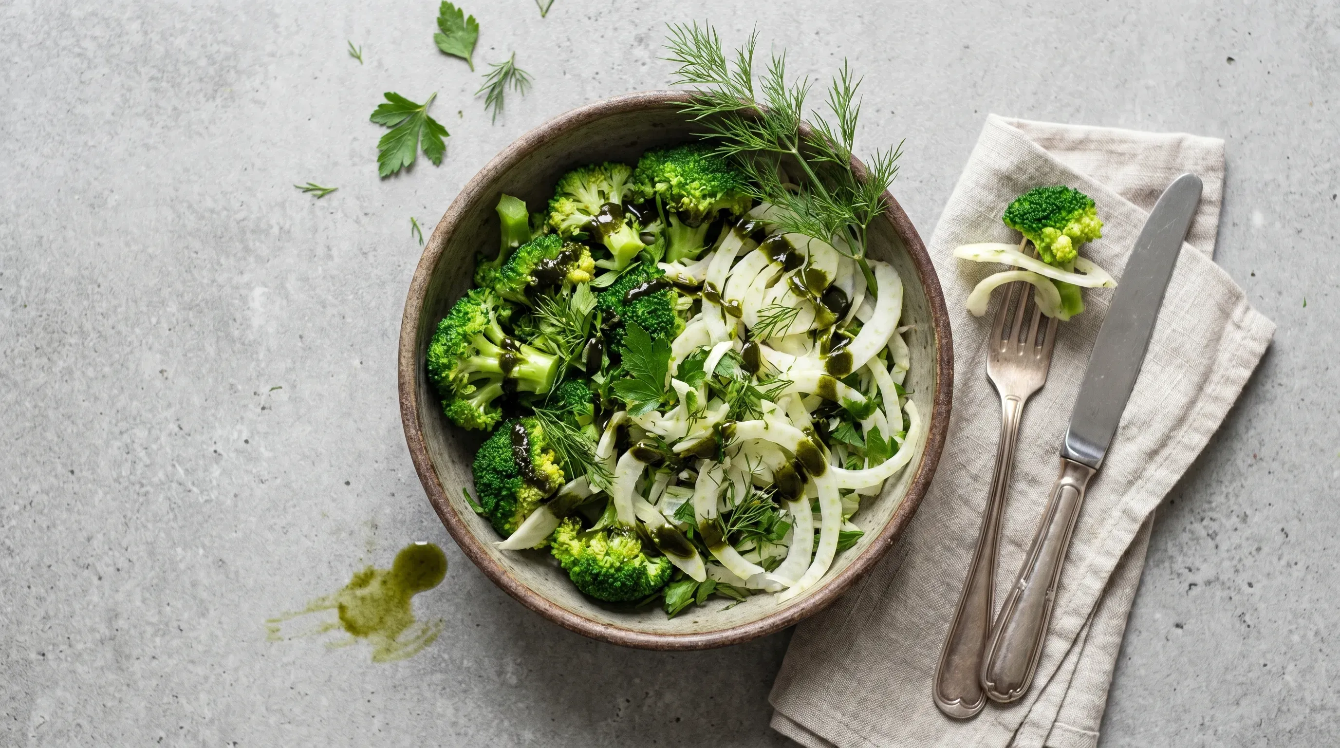 Grüne Sommerbowl mit Brokkoli, Fenchel, Kräutern und Kürbiskernöl-Overload