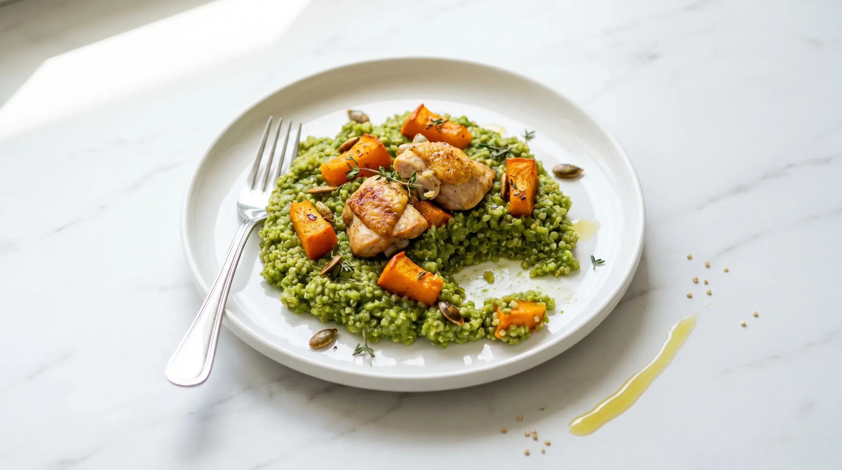 Grünes Quinoa-Risotto mit Kürbis