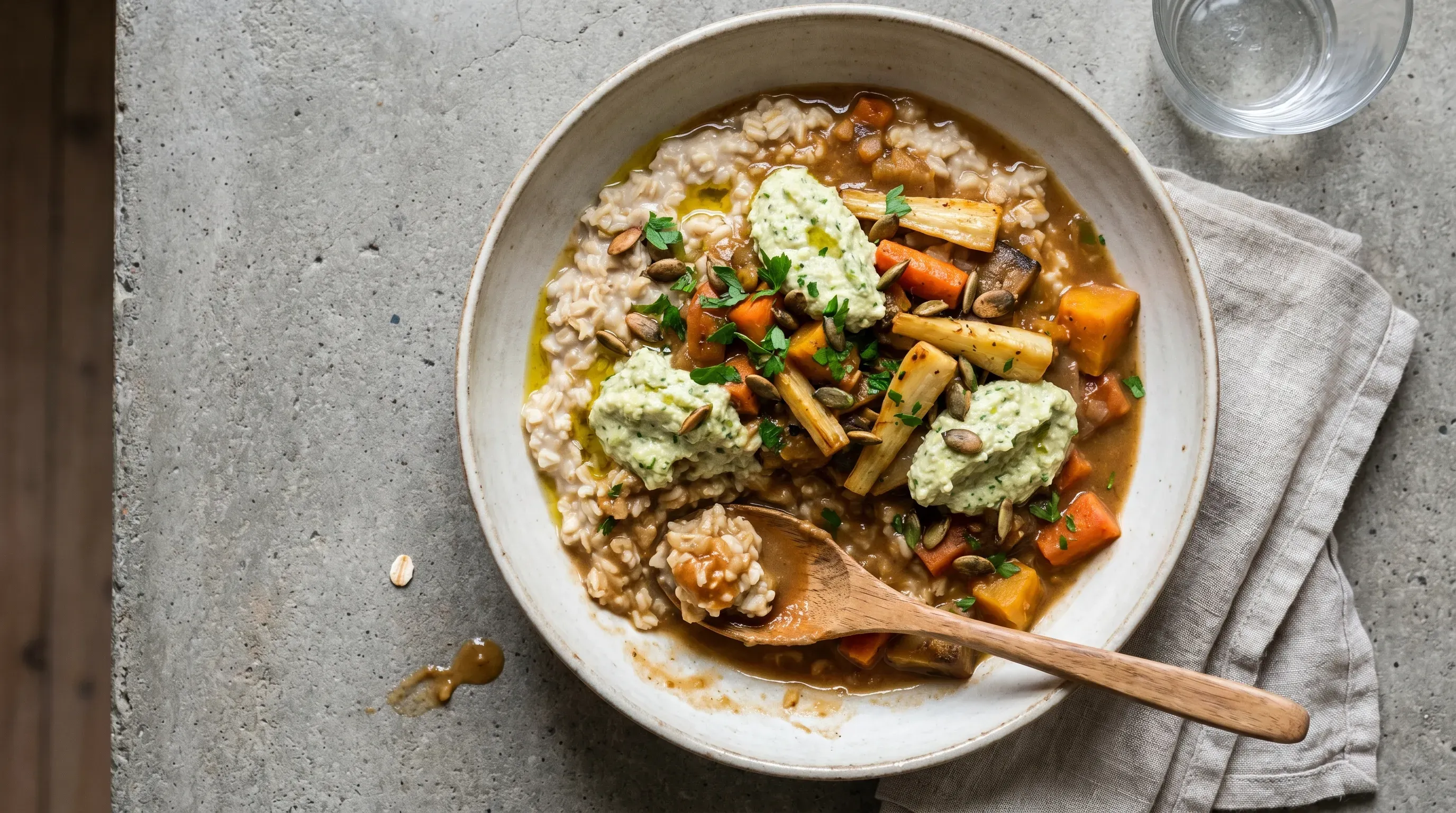 Hafer mit Gemüse und Zucchini-Ganoush