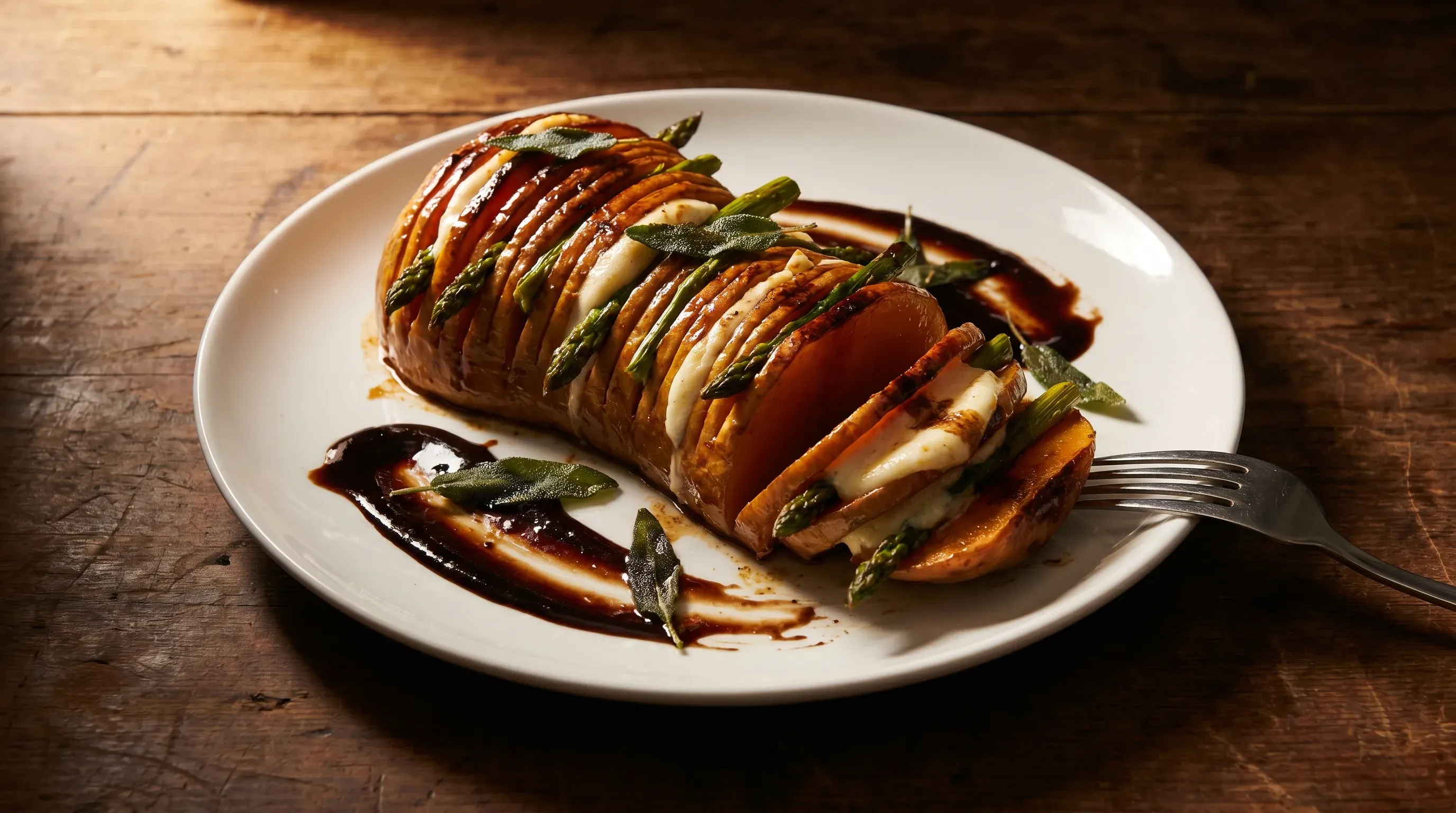 Hasselback-Kürbis mit Spargel & Büffelmozzarella
