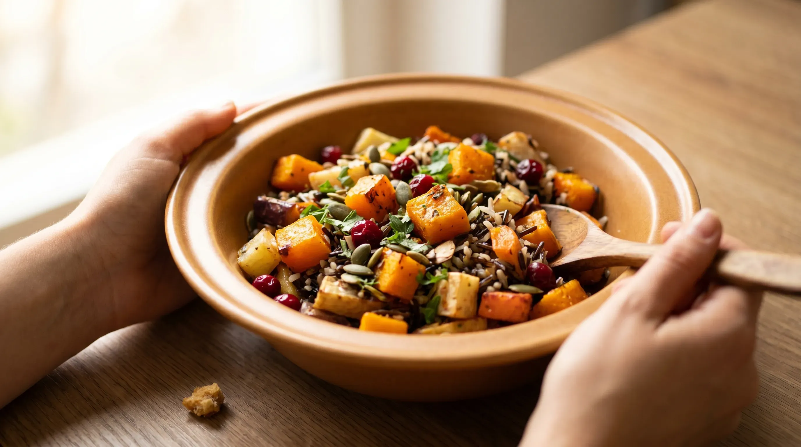 Herbstlicher Reis-Kürbis-Salat mit Ofengemüse