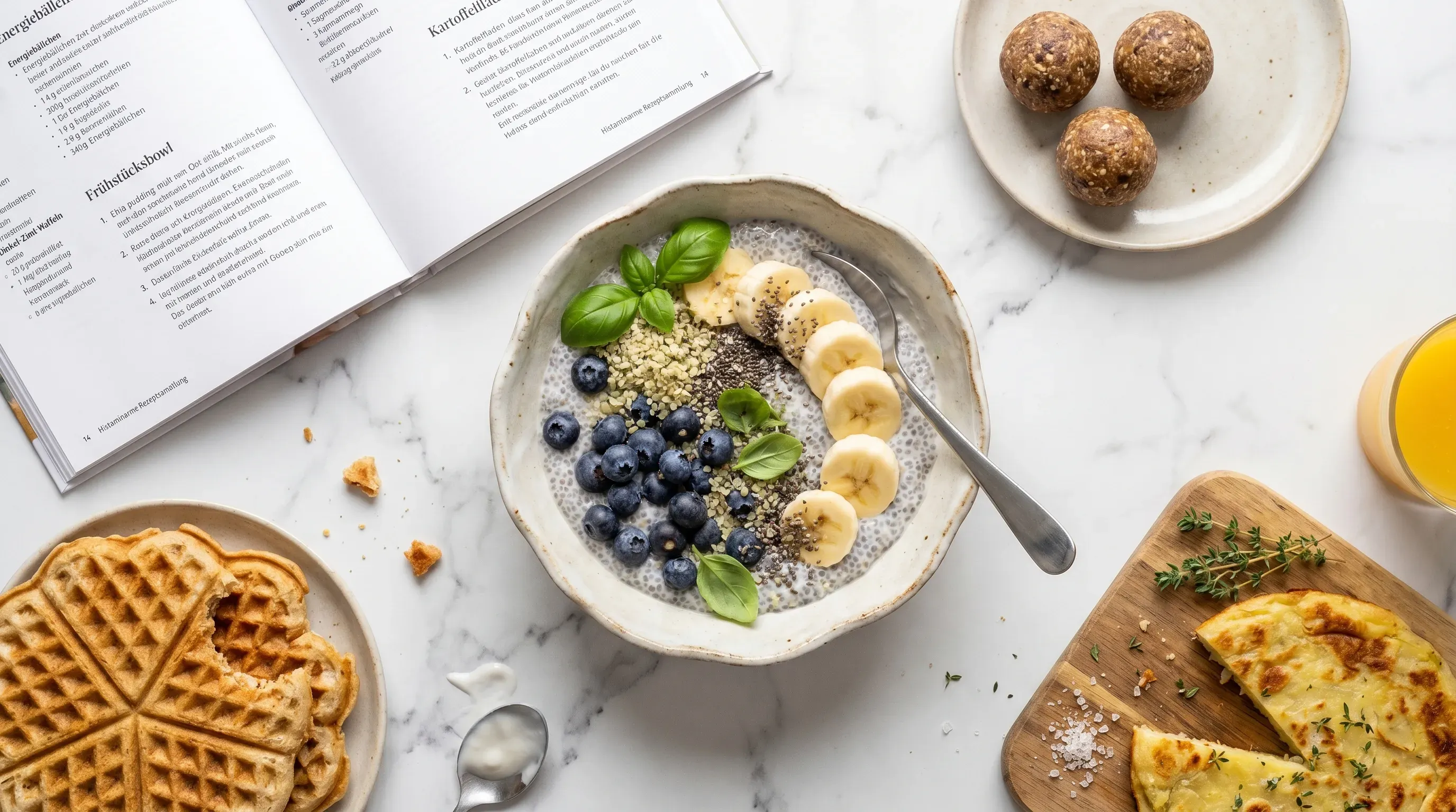 Histaminarme Rezeptsammlung: Energiebällchen, Frühstücksbowl, Dinkel-Zimt-Waffeln und Kartoffelfladen
