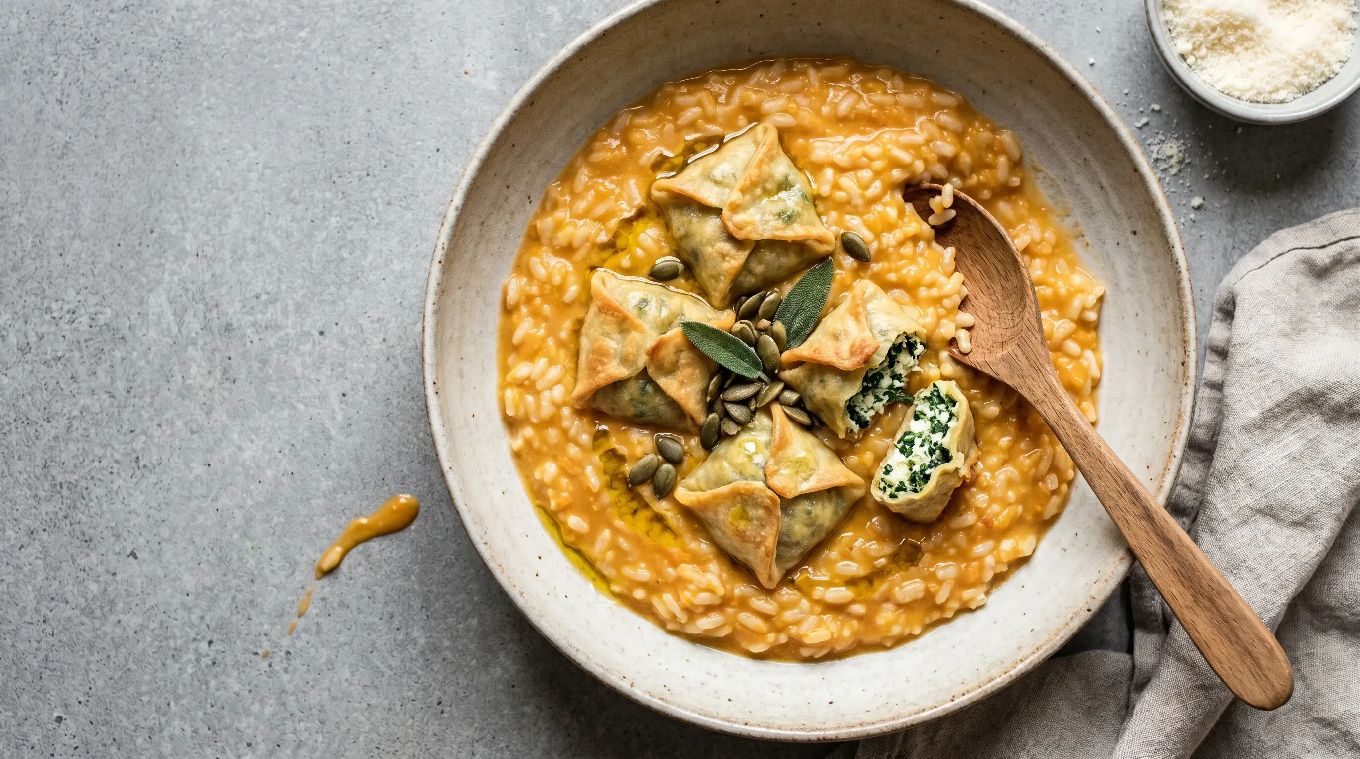 Hokkaidokürbis-Risotto mit Gemüsetaschen