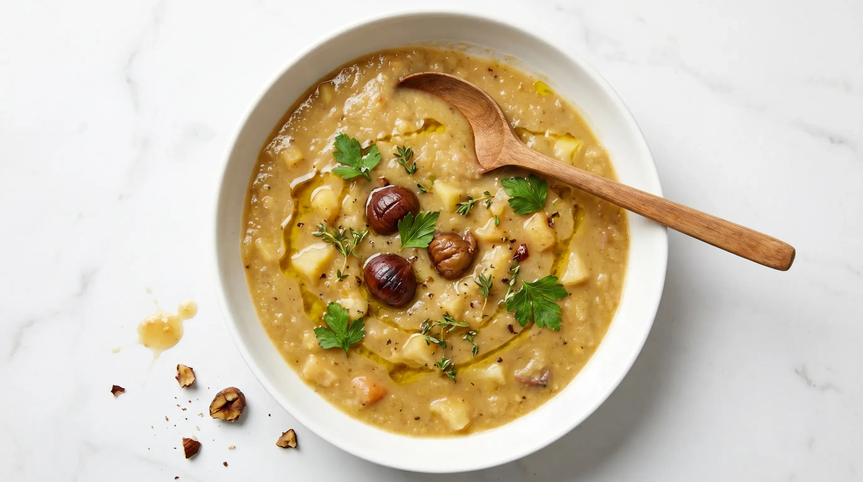 Kartoffel-Pastinaken-Suppe mit karamellisierten Rosmarin-Esskastanien