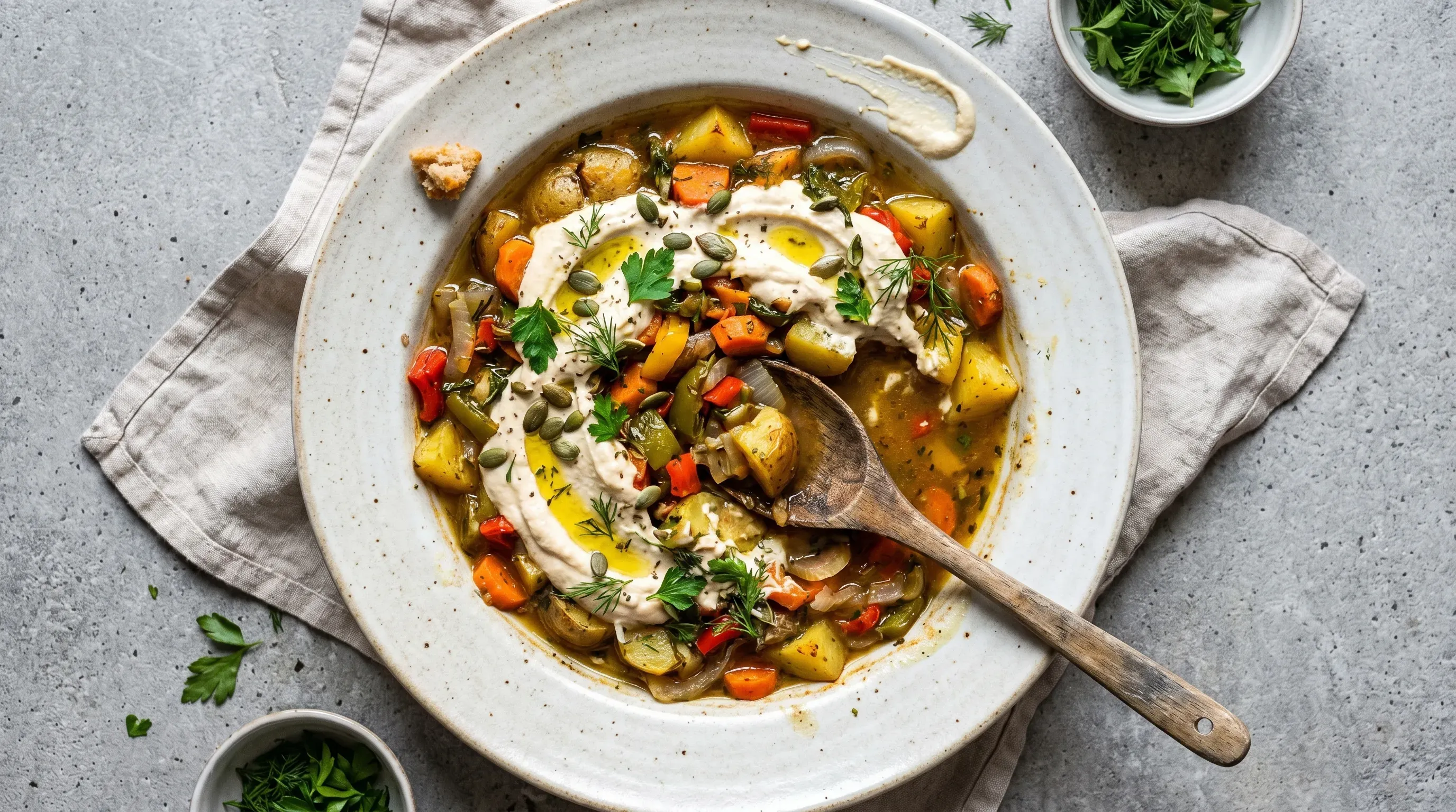 Kartoffel Gemüse Blech mit Joghurt-Hummus