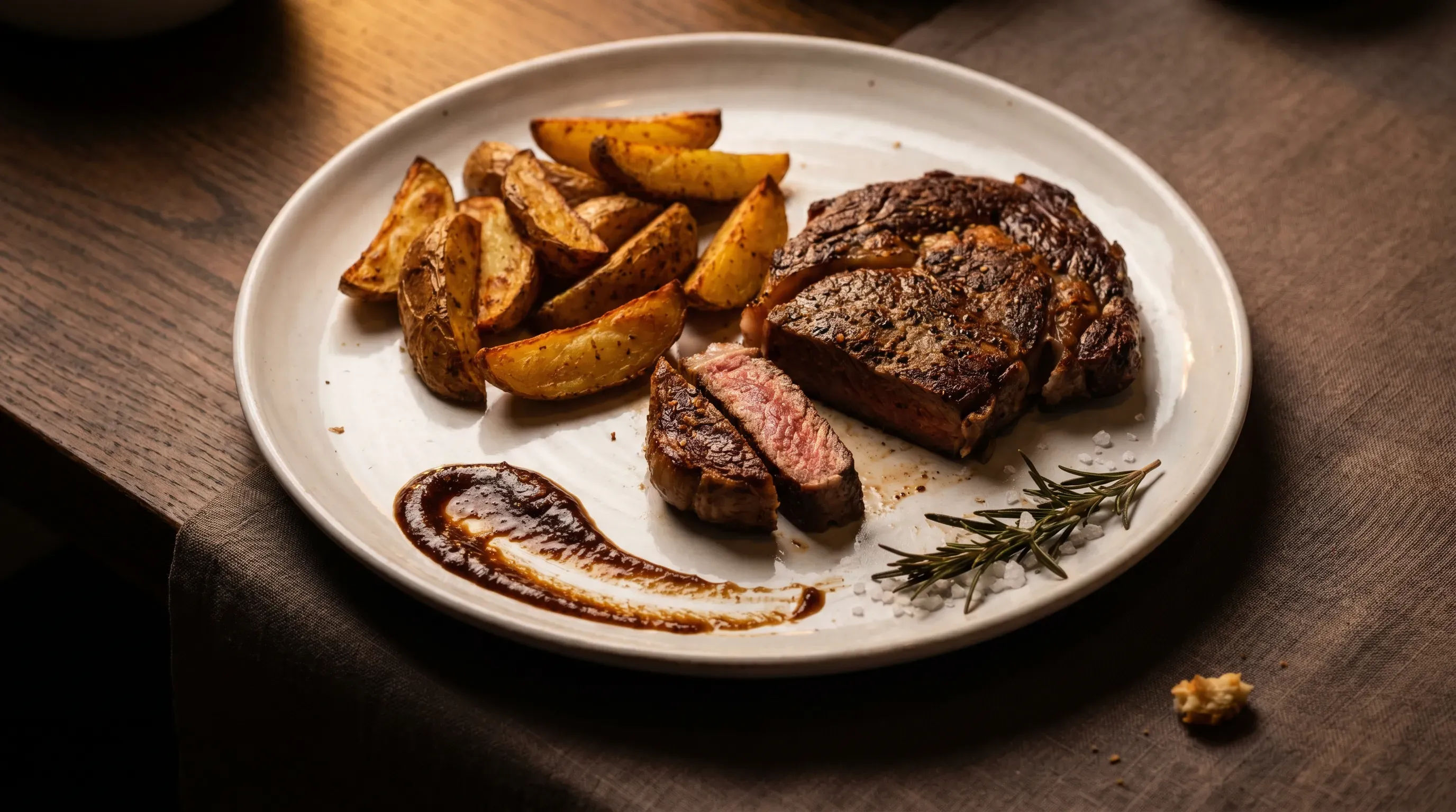 Kartoffelspalten mit würzigem Steak