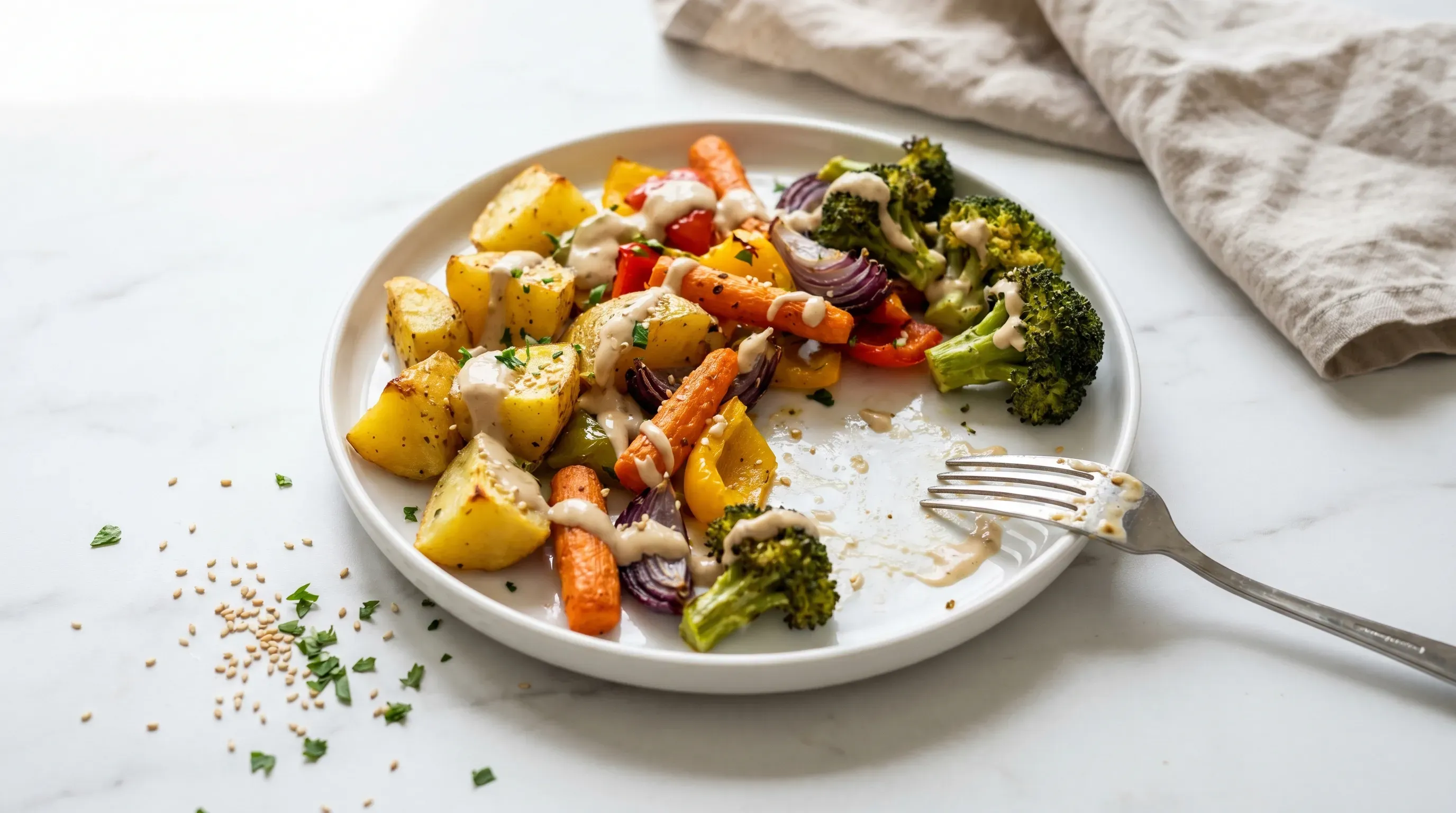 Kartoffeln Gemüse Blech mit Tahini-Sauce