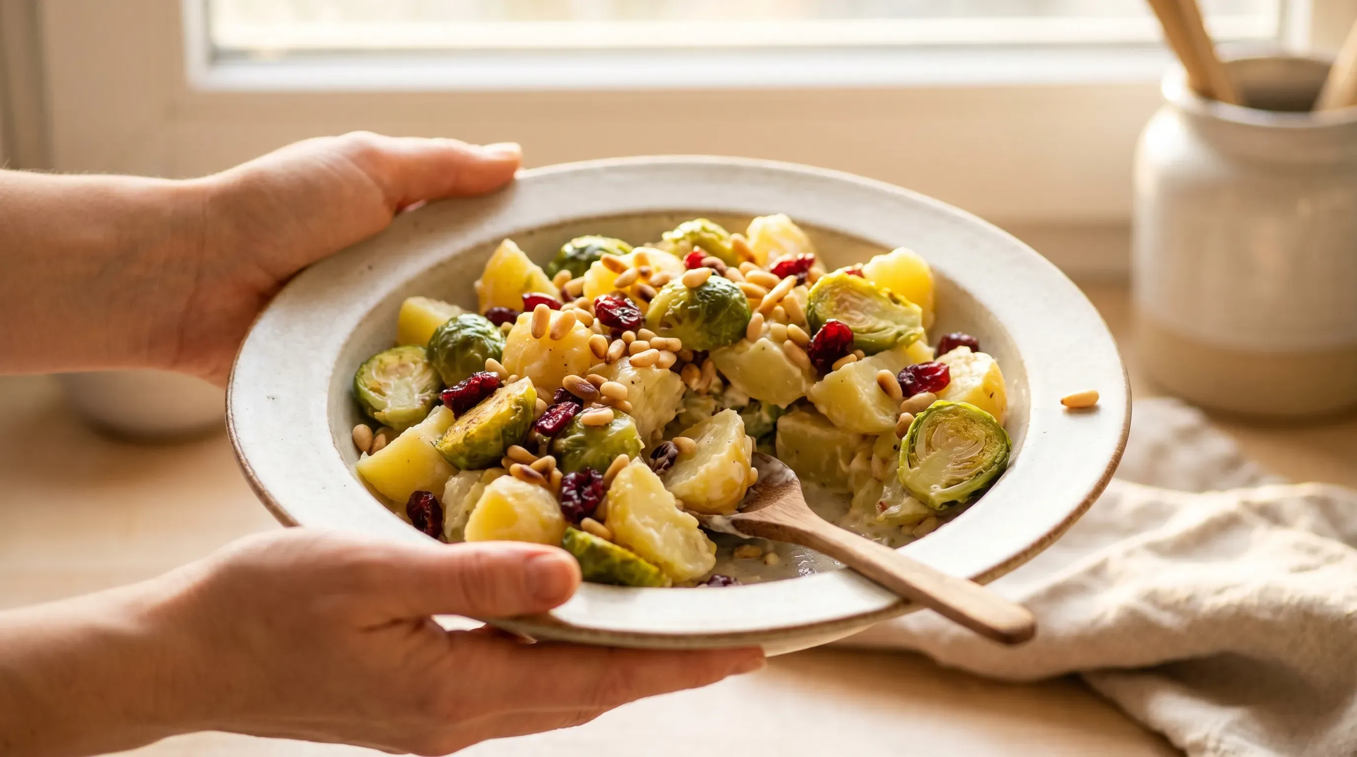 Kartoffelsalat mit Rosenkohl, Cranberrys und Pinienkernen
