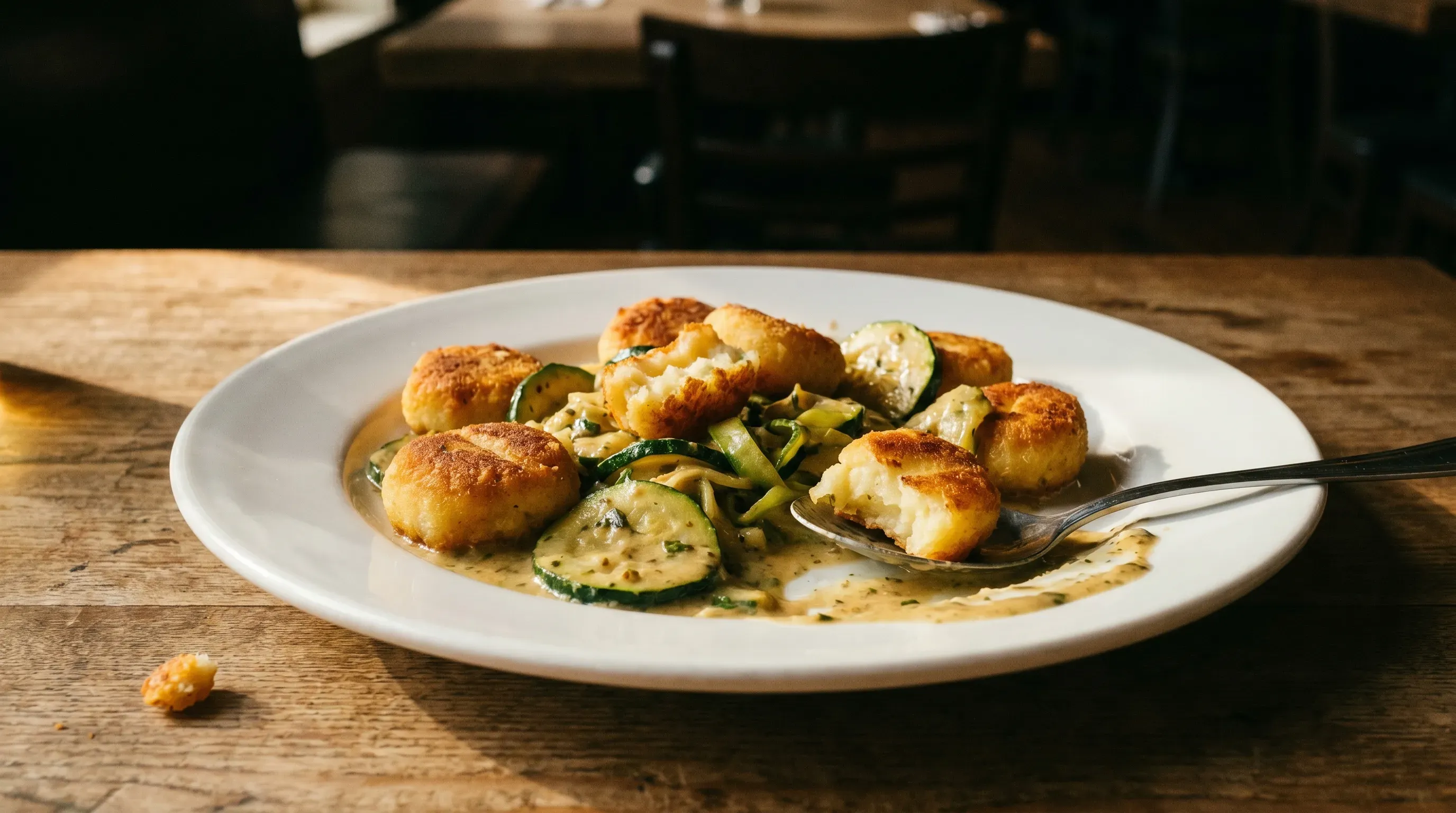 Knusprig gebratene Kartoffelklöße mit cremigem Zucchini-Gemüse