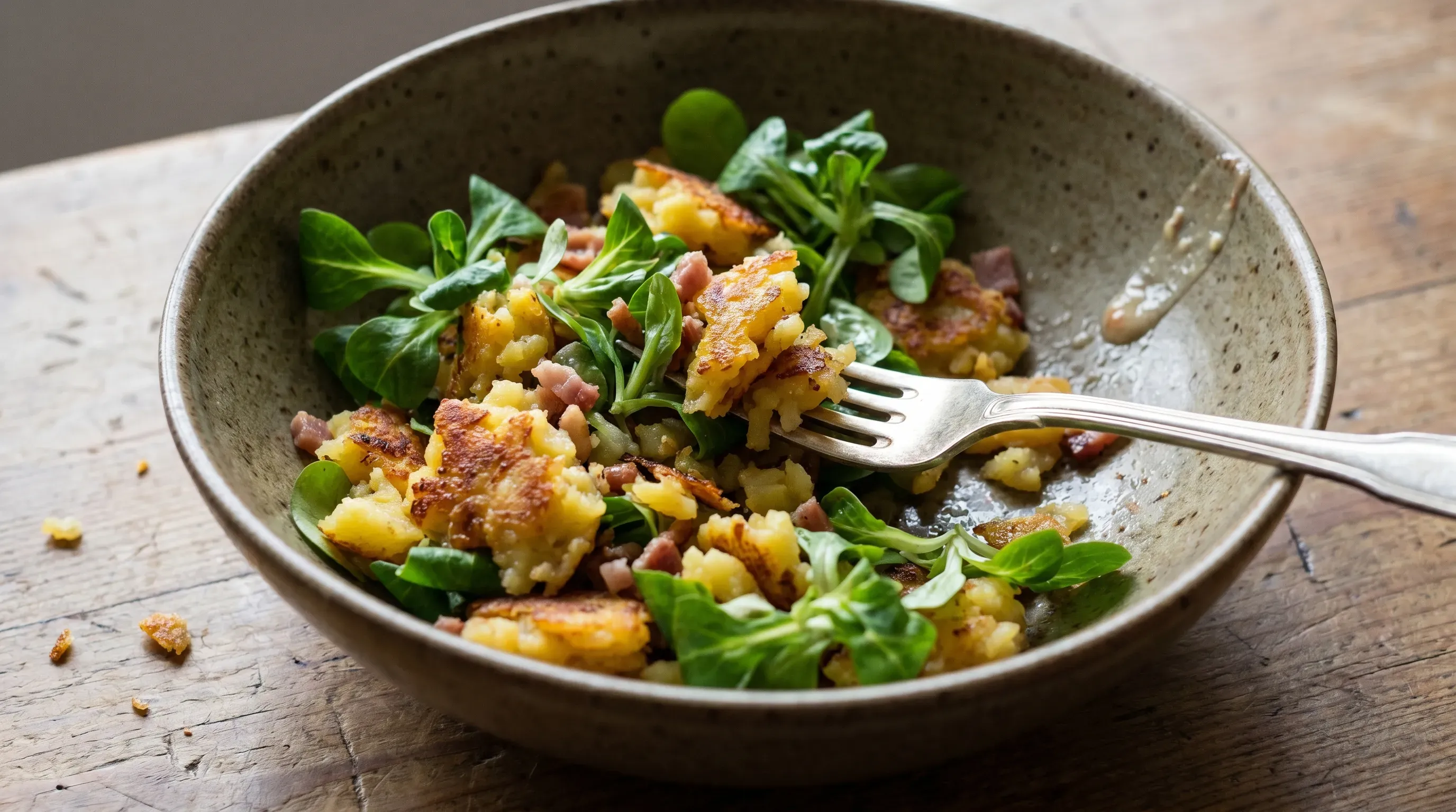 Knusprig gebratener Kartoffelschmarren mit Feldsalat