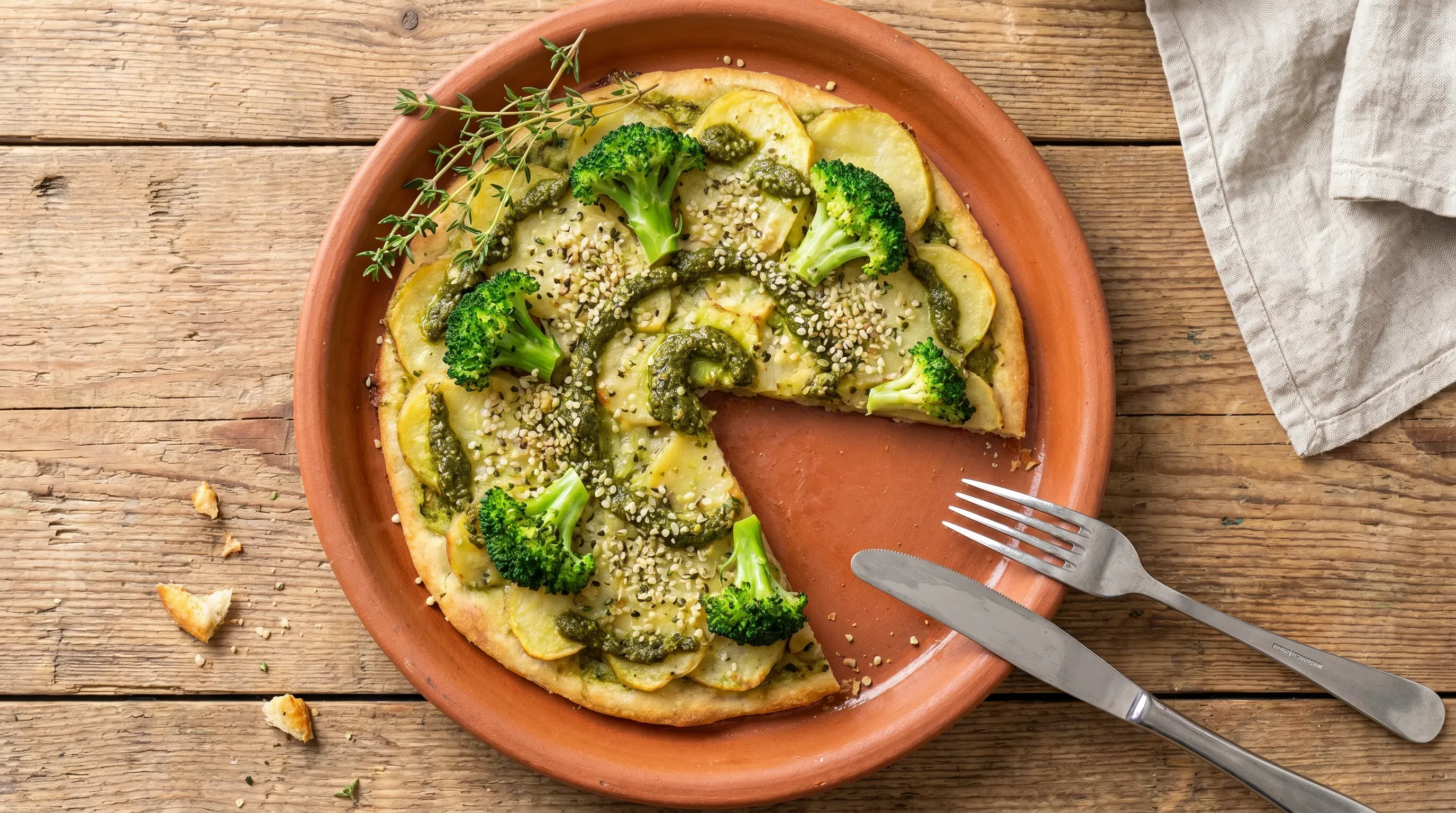 Knusprige Kartoffelpizza mit Brokkoli, Hanfsamen und Kürbiskernpesto