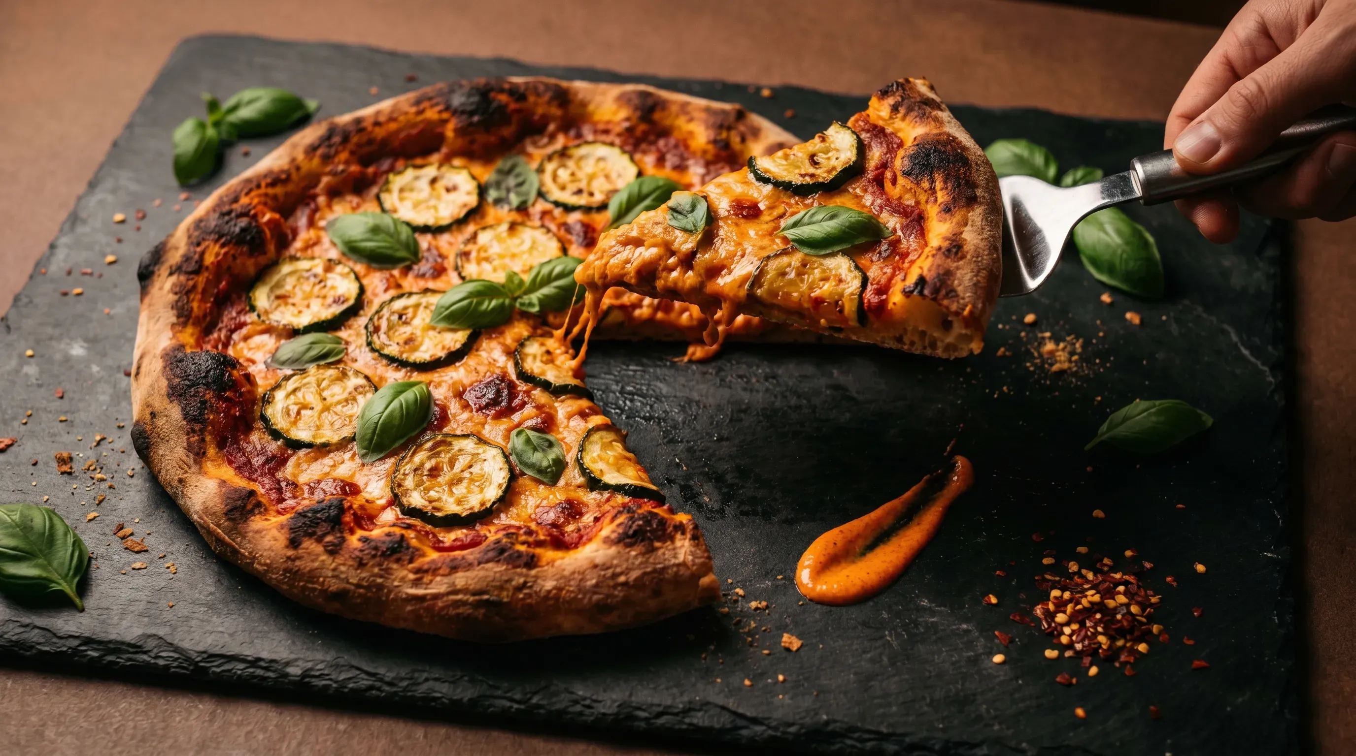 Knusprige Pizza mit würziger Paprikacreme und gerösteten Zucchinischeiben