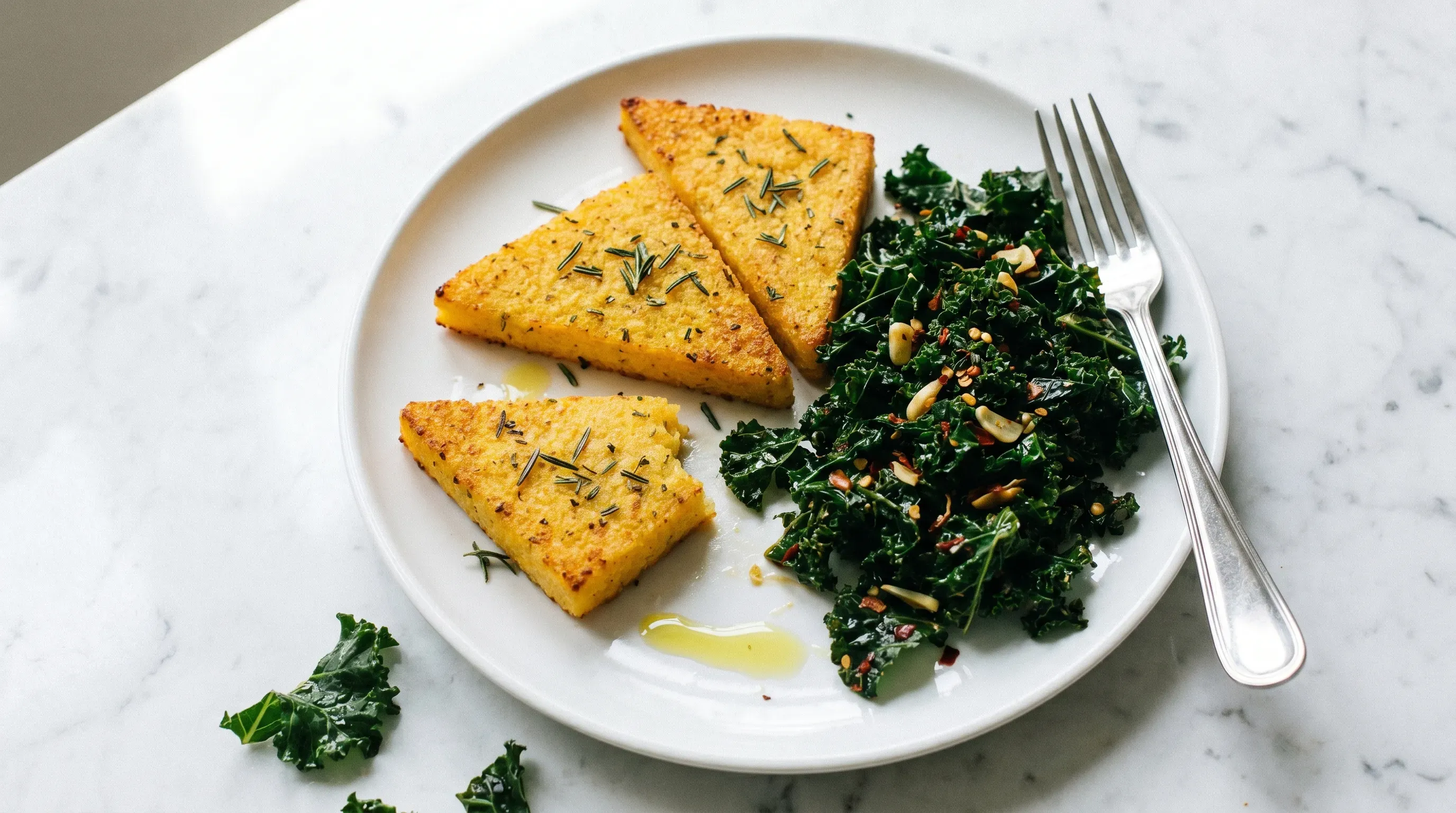 Knusprige Rosmarin-Polenta-Ecken mit würzigem Grünkohl-Gemüse