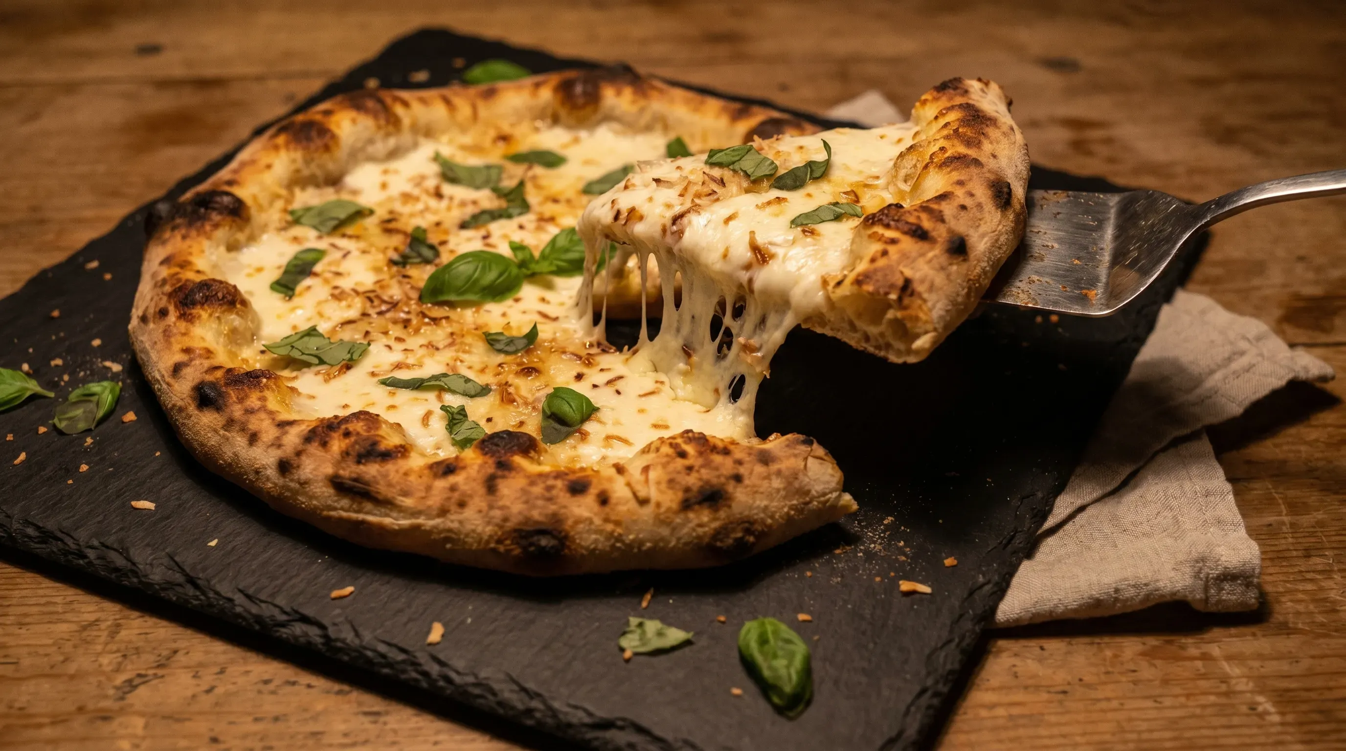 Kokospizza mit Basilikum und Mozzarella