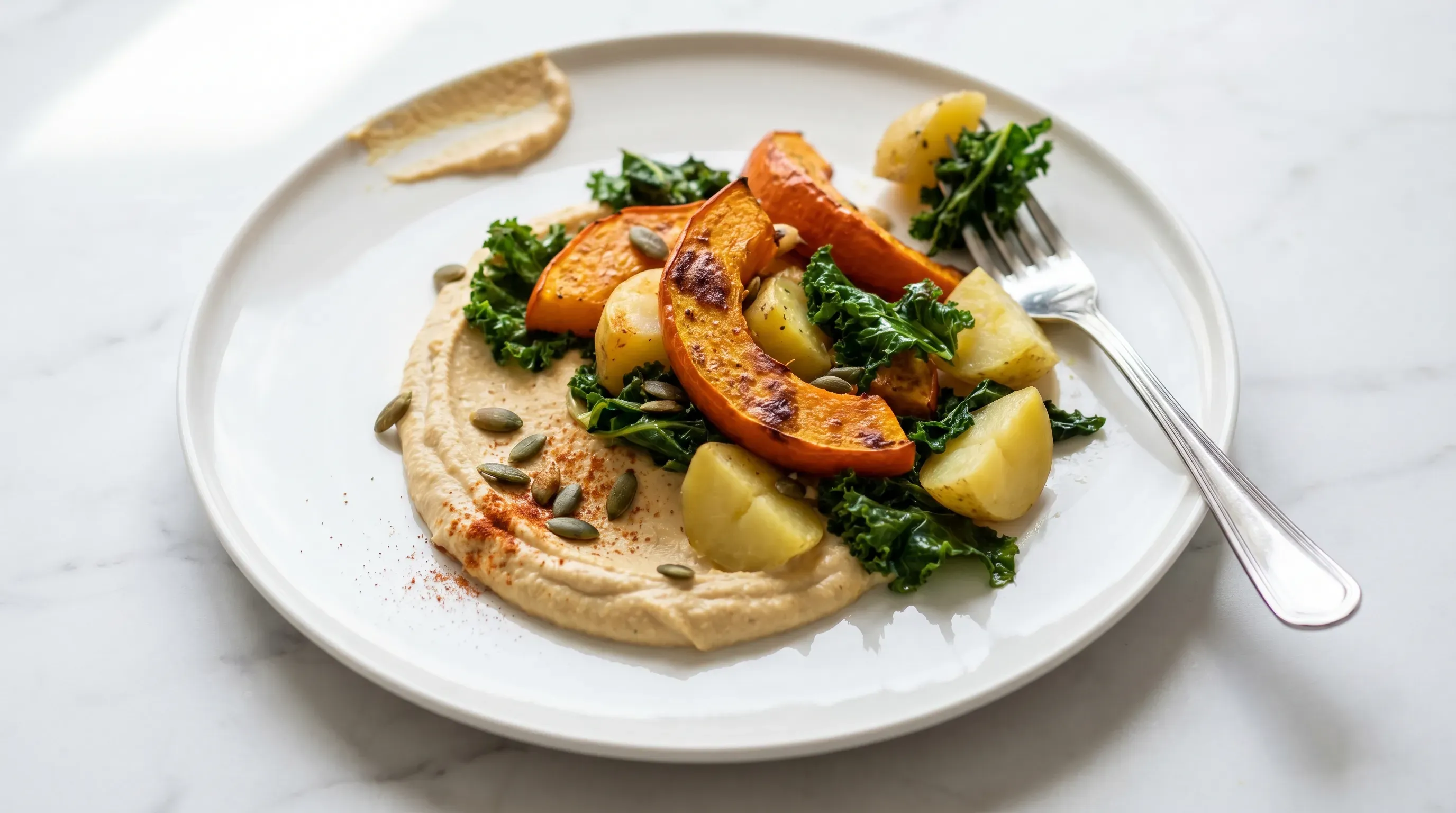 Kürbis Kartoffel Grünkohl auf Hummus