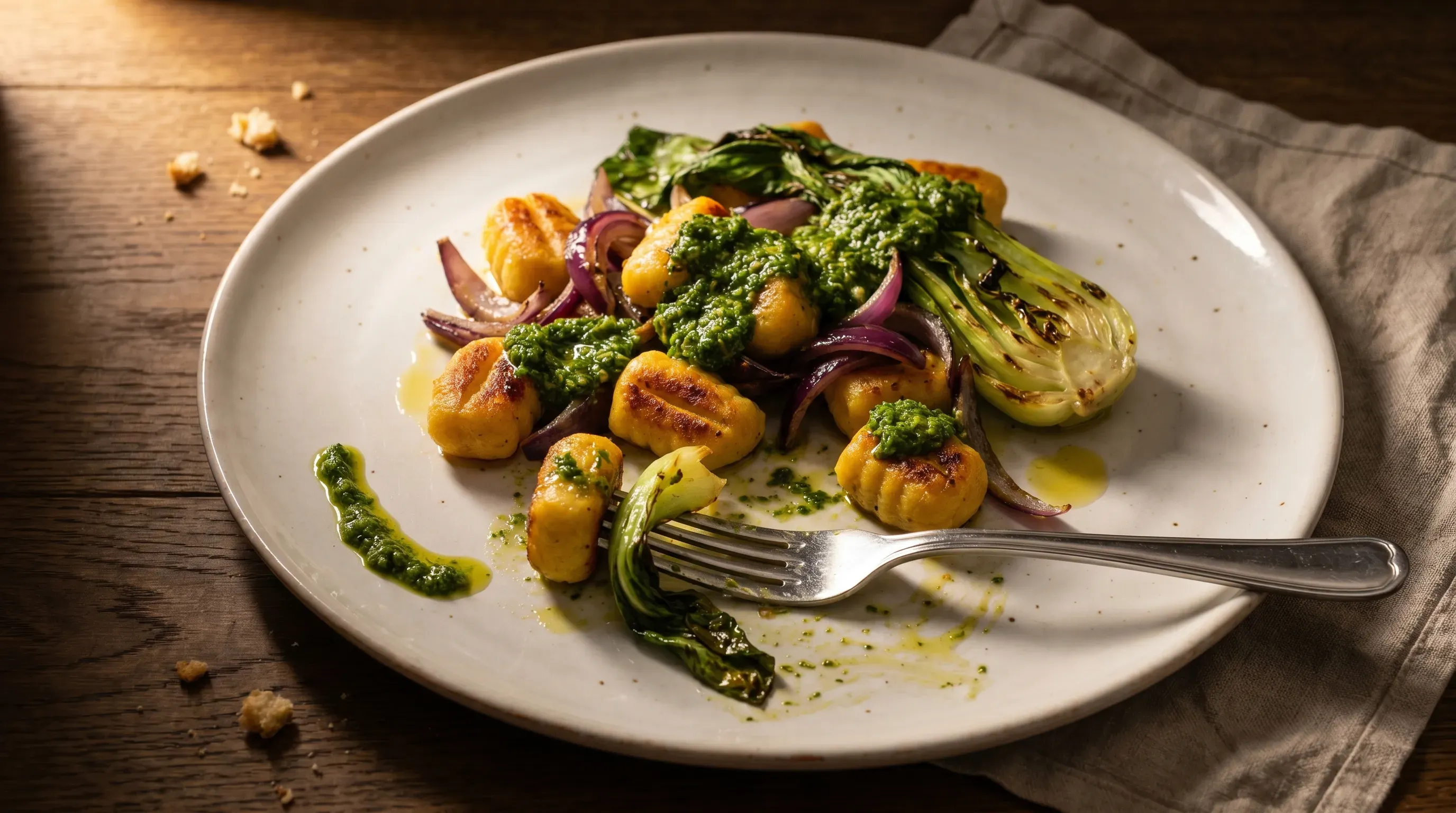 Kürbisgnochhi mit gebratenem Pak Choi-Zwiebel-Gemüse und cremigem Petersilienpesto
