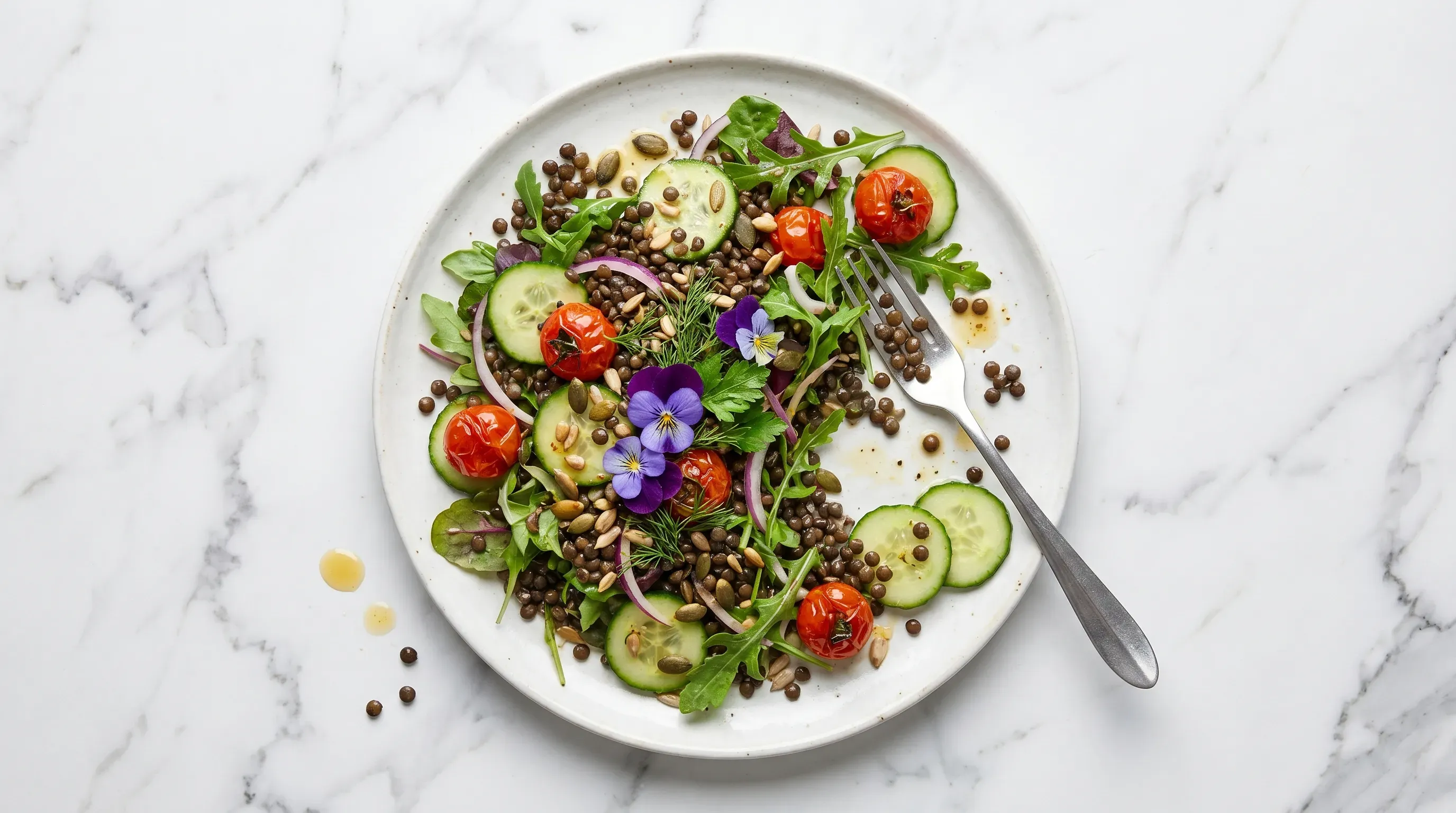 Linsensalat mit Tomate, Gurke & Rucola