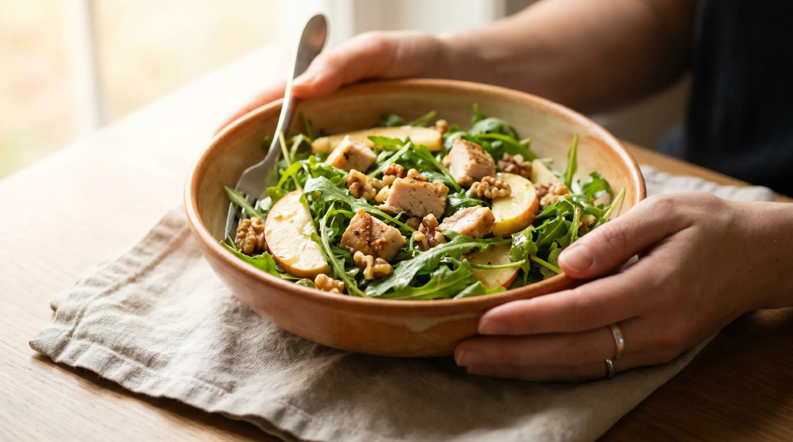 Salat mit Äpfeln, Nüssen, Rucola und Hähnchen