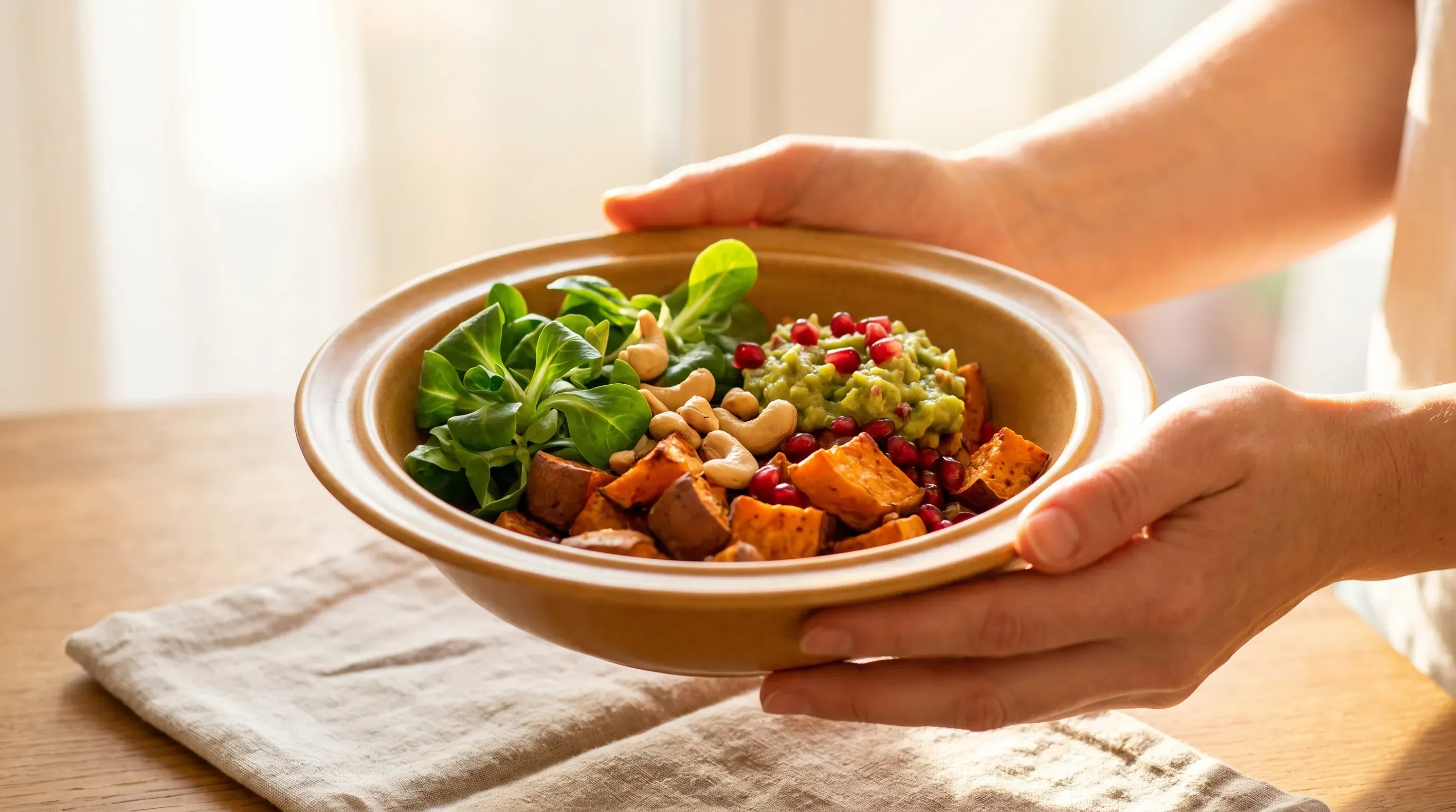 OfenSüßkartoffeln mit Feldsalat & Cashews und Guacamole, Granatapfel