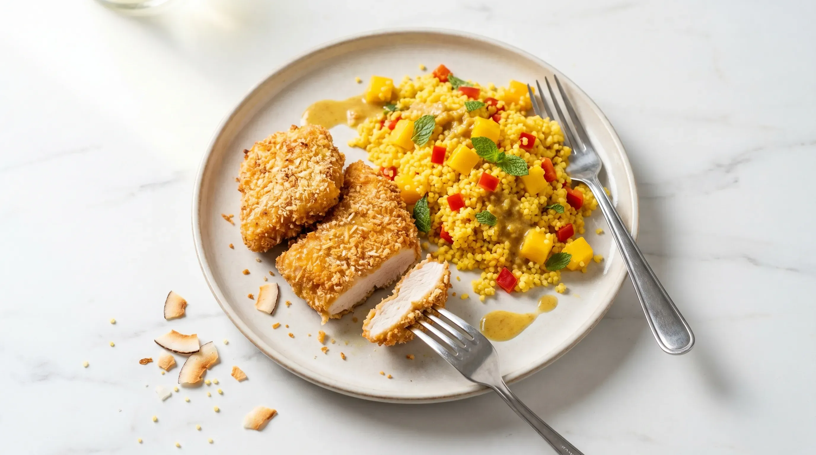 Paniertes Kokoshuhn mit Mango-Couscous