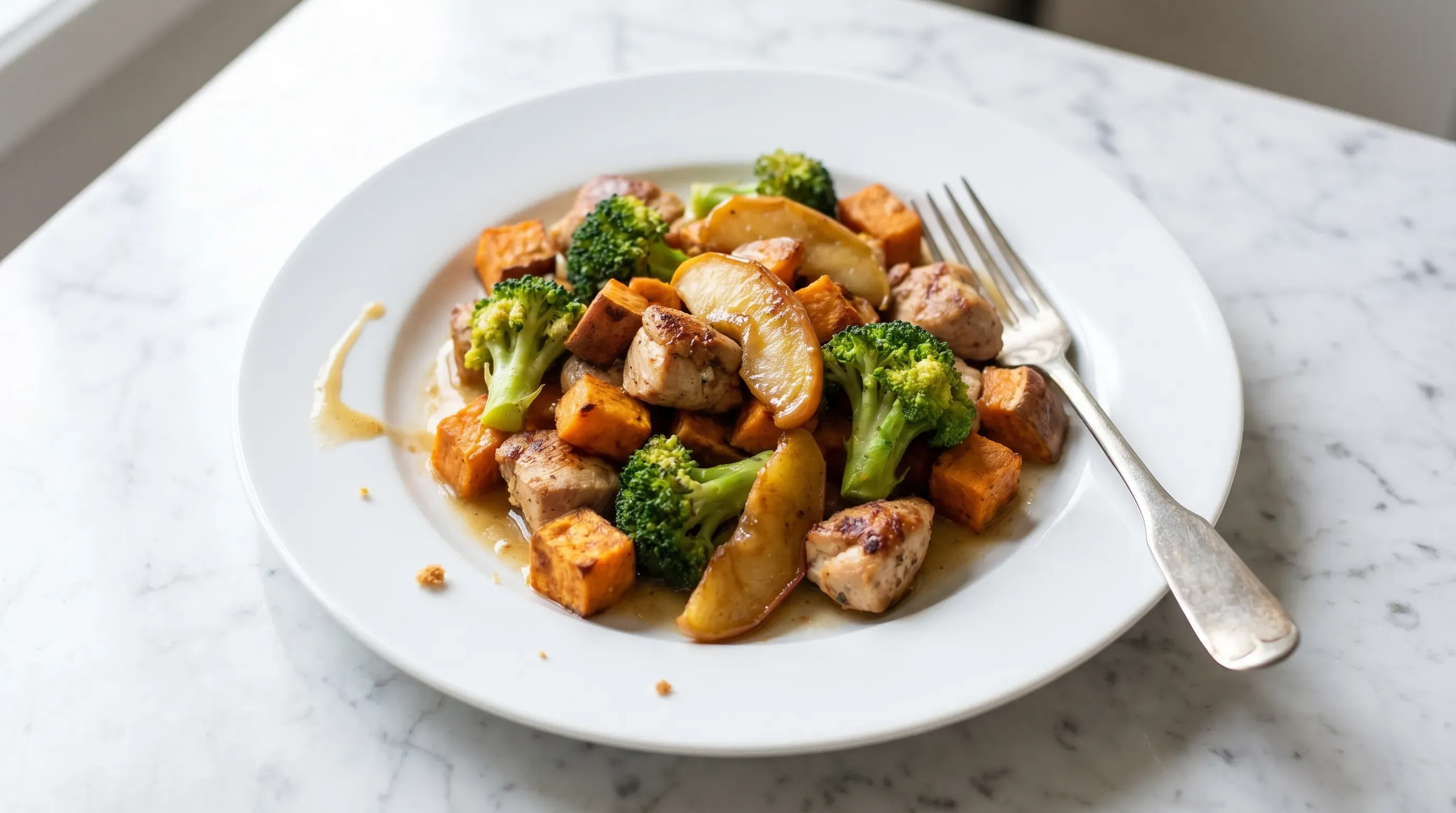 Pfannengericht mit Huhn, Süßkartoffel, Apfel und Brokkoli