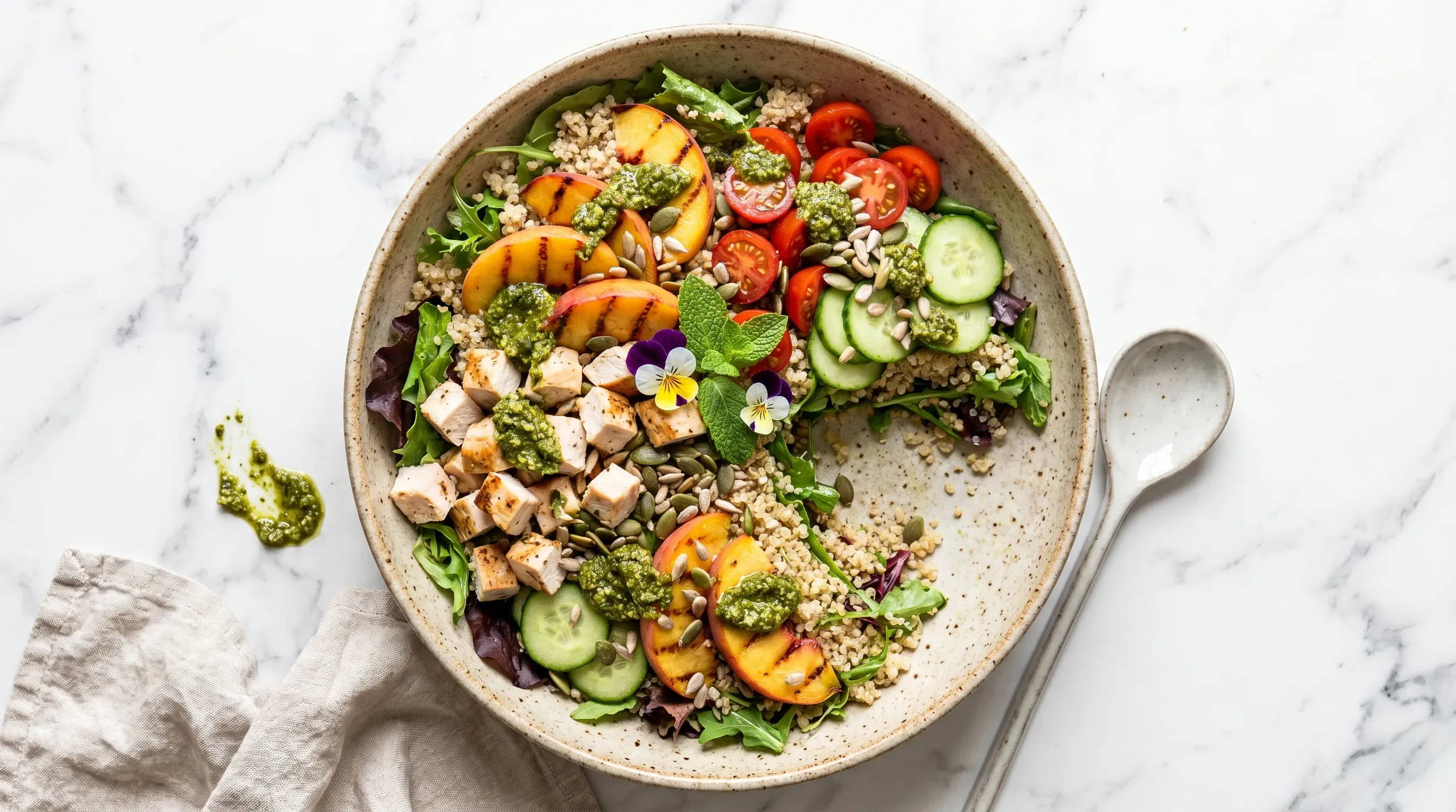 Pfirsich-Quinoa-Salat mit Hähnchen und Pesto