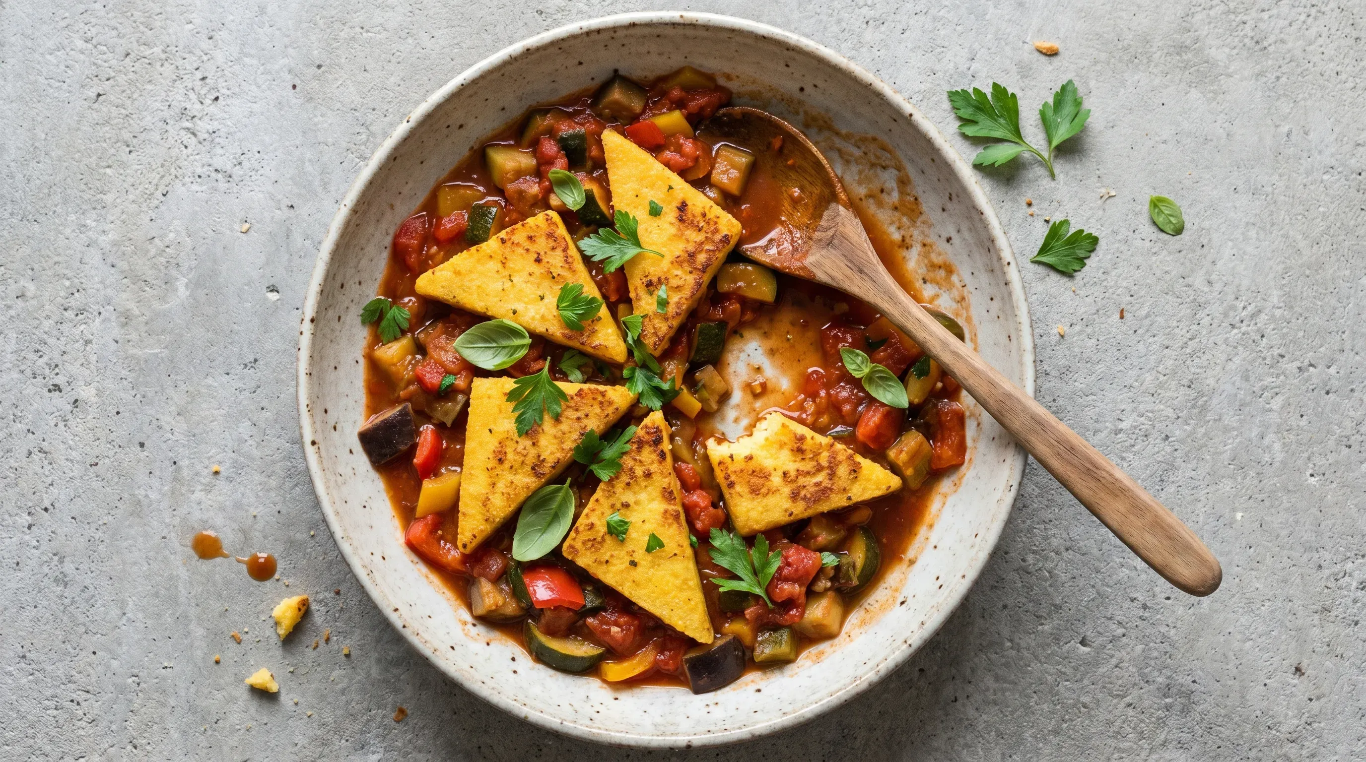 Polenta-Ecken mit Gemüseragout