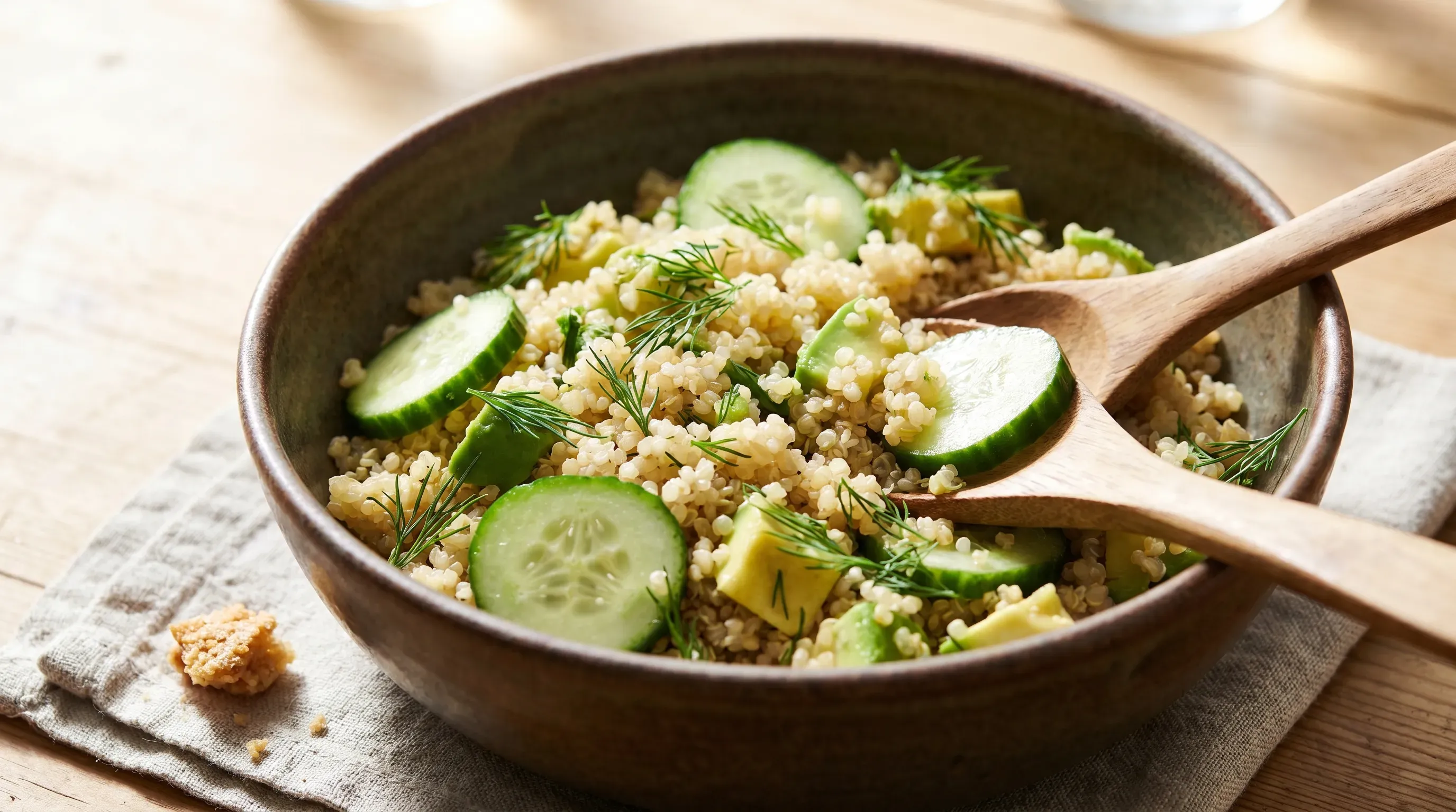 Quinoa-Bowl mit Gurke, Avocado und Dill