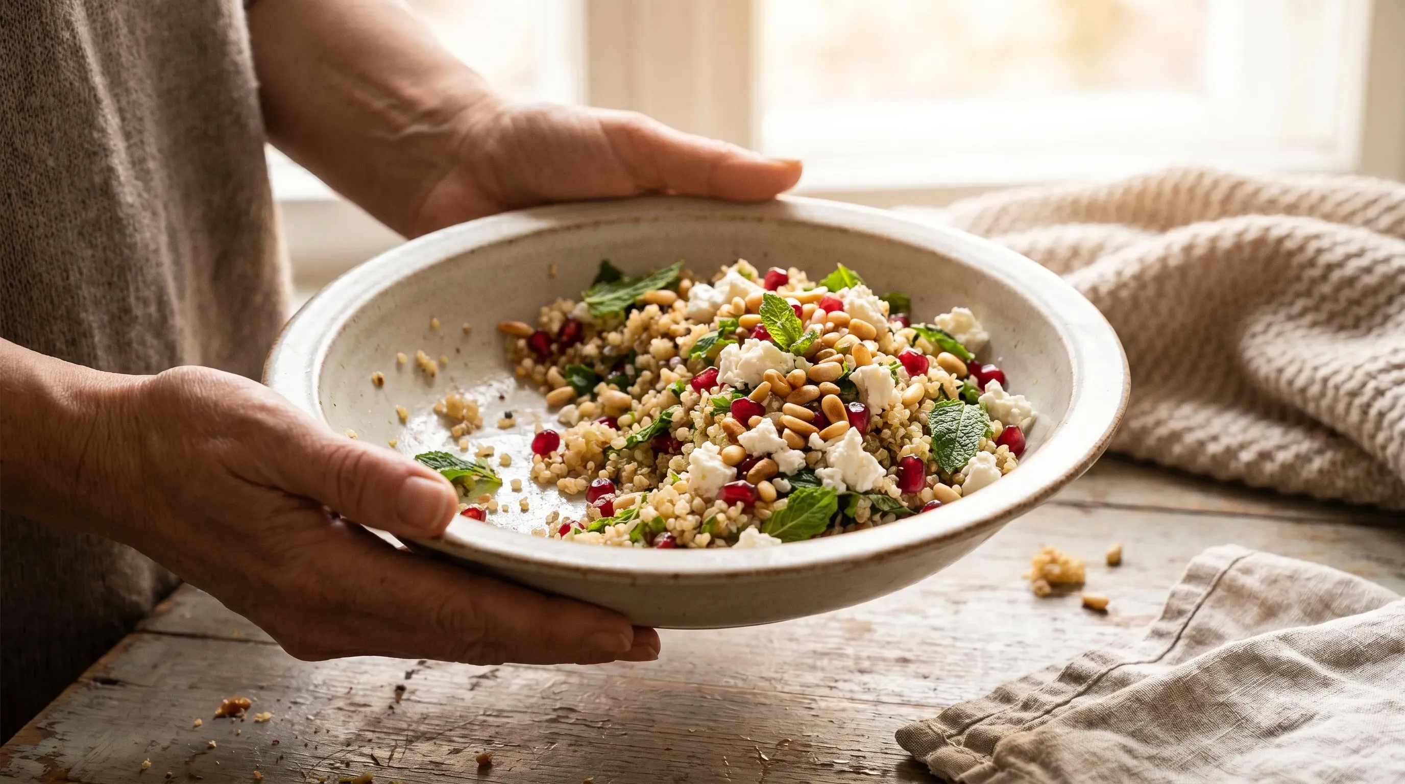Quinoa-Feta-Salat mit Pinienkernen, Granatapfel & Minze